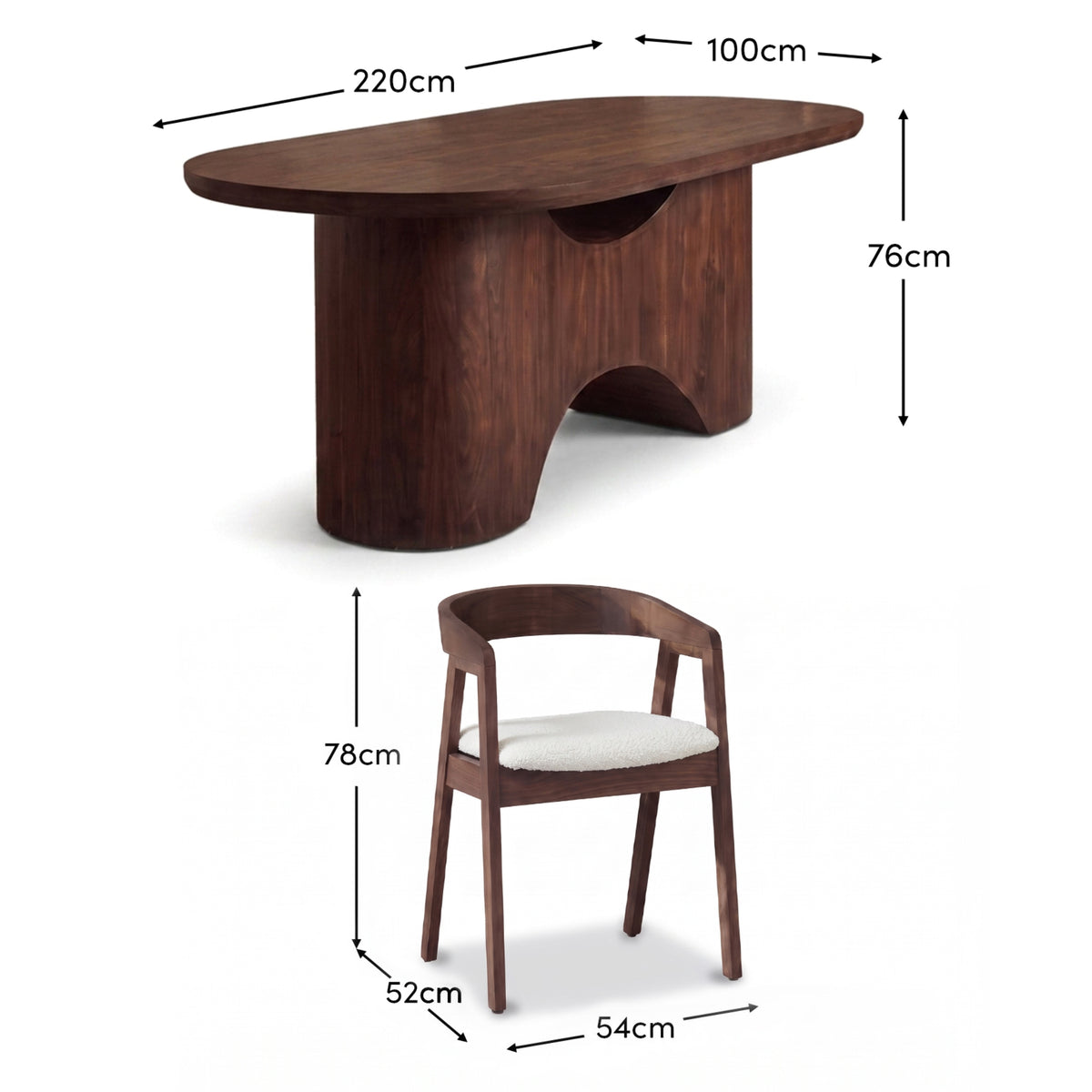 Octavia 220cm Coffee Brown Mango Wood Dining Table Set - 6 Seater - Ella Off White Boucle Carver Chairs - Coffee Brown Legs - Laura James