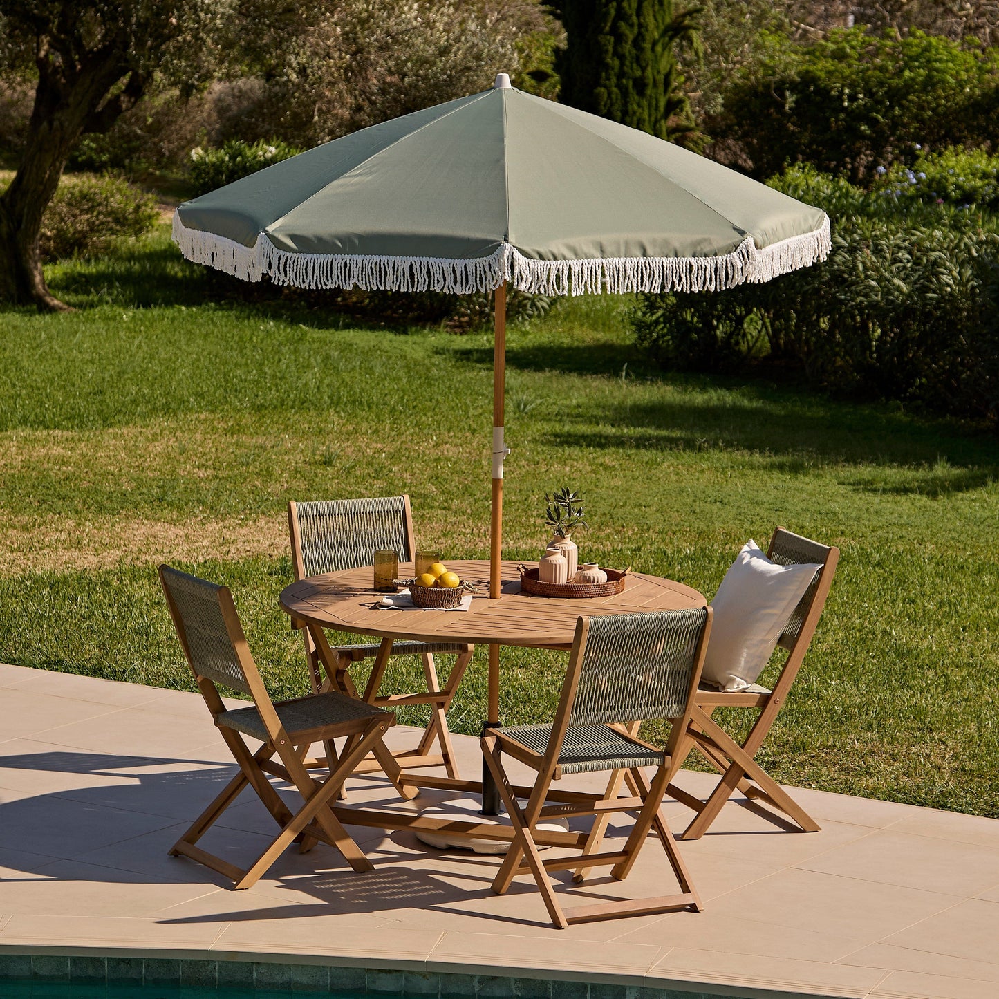 Oia Round Parasol 2m - Wooden Pole - Olive Green - Laura James
