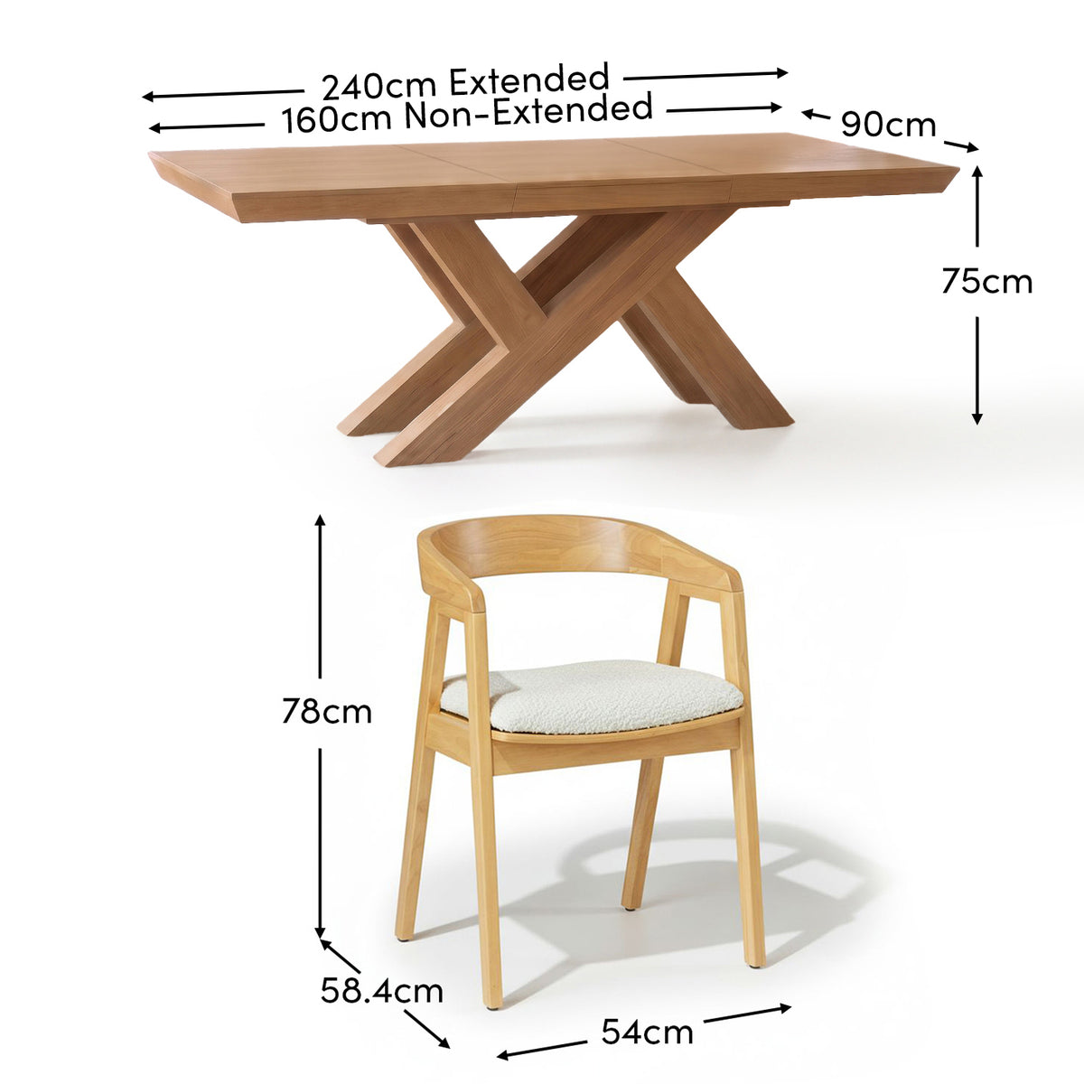 Olivia 160-240cm Pale Oak Dining Table Set - 6 Seater - Ella Off White Boucle Dining Chairs - Pale Oak Legs - Laura James