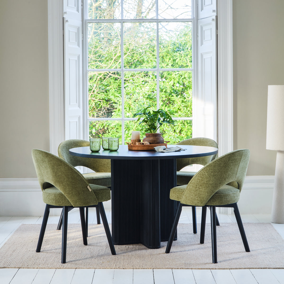 Orla Black Mango Wood Round Dining Table Set - 4 Seater - Marilyn Green Dining Chairs - Black Legs - Laura James