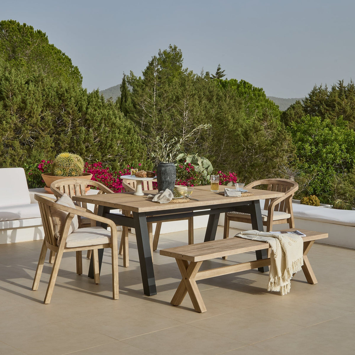 Palm 6 Seater Wooden Garden Dining Set with 4 Shiro Cushioned Chairs & Charlotte Bench - Laura James