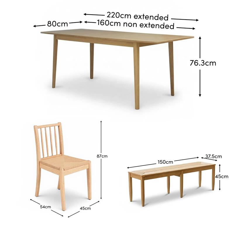 Paul 160-220cm Whitewash Oak Extending Dining Table Set - 6 Seater - 4 Tilly Wood String Dining Chair with 1 Tilly Wood String Dining Bench - Laura James