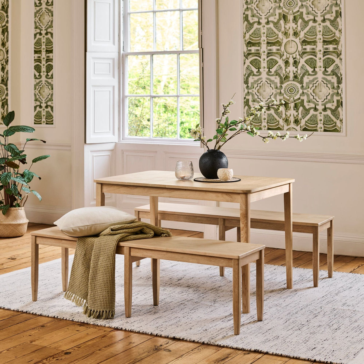 Paul 118-158cm Extending Dining Table with 2 Tilly 150cm Whitewash Oak Benches - Laura James