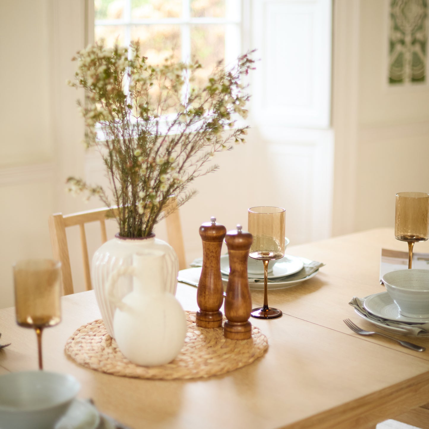Paul 160-220cm Whitewash Oak Extending Dining Table Set - 6 Seater - 2 Tilly Wood String Dining Chair with 2 Tilly Wood String Dining Bench - Laura James