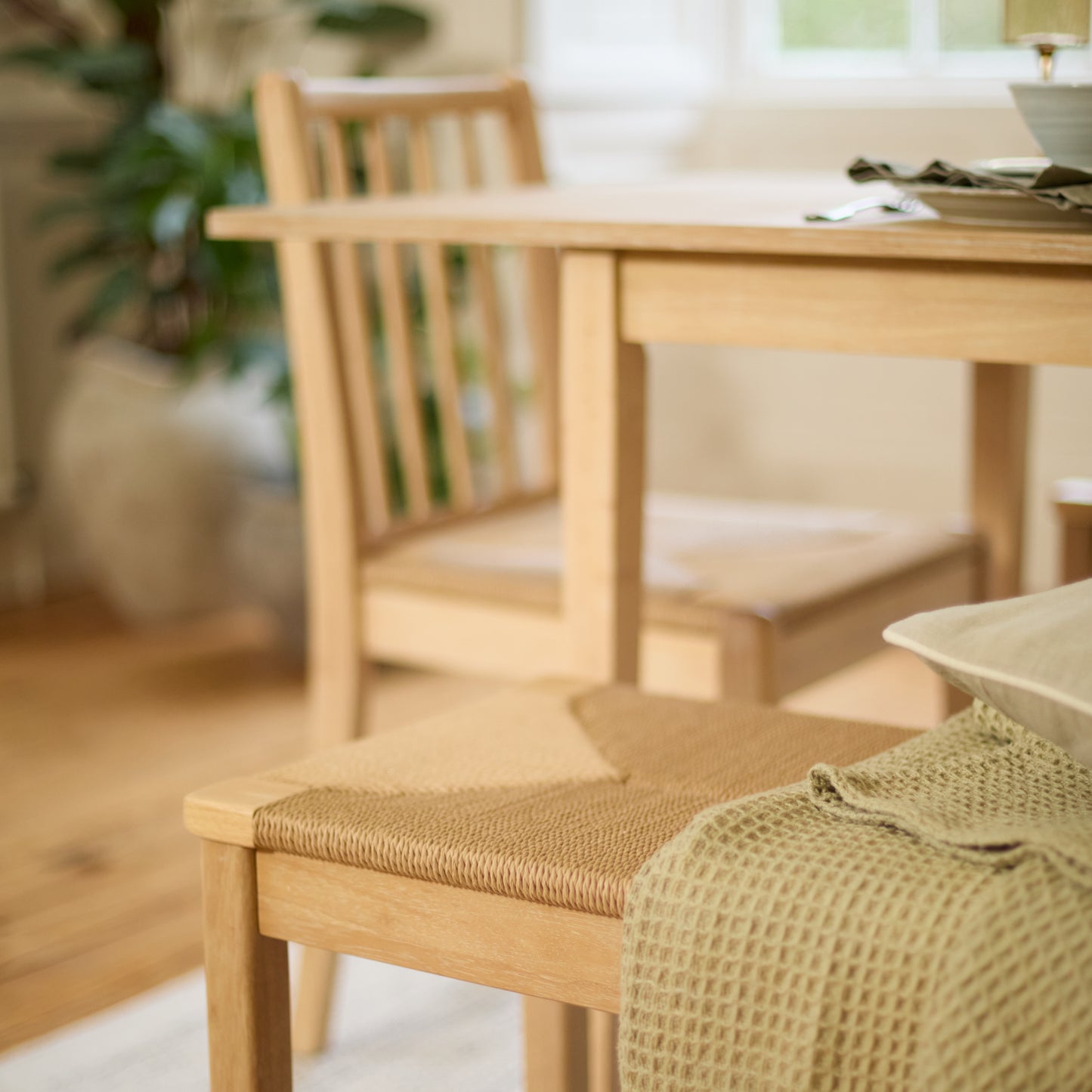 Paul 160-220cm Whitewash Oak Extending Dining Table Set - 6 Seater - 2 Tilly Wood String Dining Chair with 2 Tilly Wood String Dining Bench - Laura James