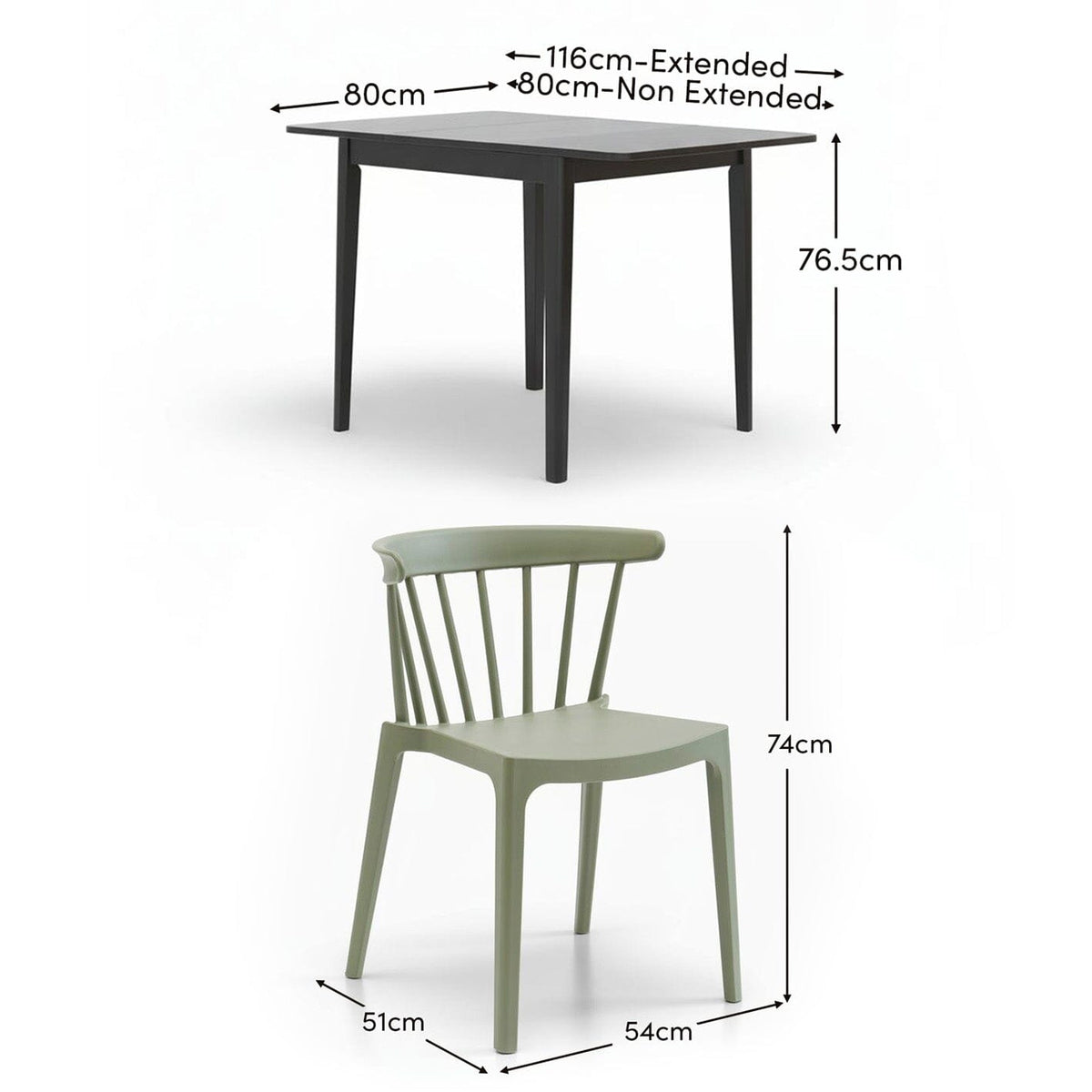 Paul Black Oak Extending Dining Table Set - 4 Seater - Agatha Olive Green Dining Chairs - Laura James