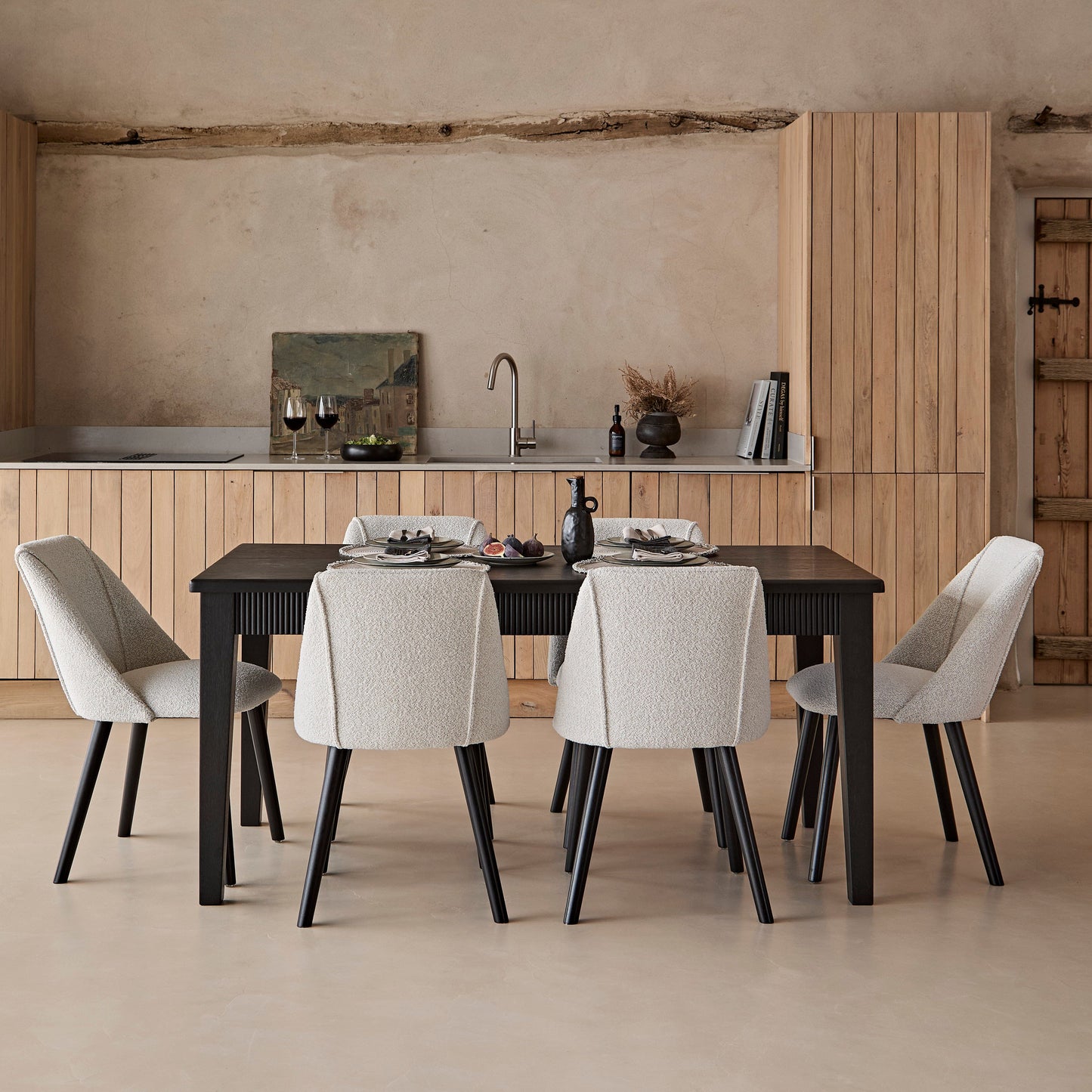 Raleigh Black Oak Rectangular Dining Table Set - 6 Seater - Freya Oat Boucle Dining Chairs - Black Oak Legs - Laura James