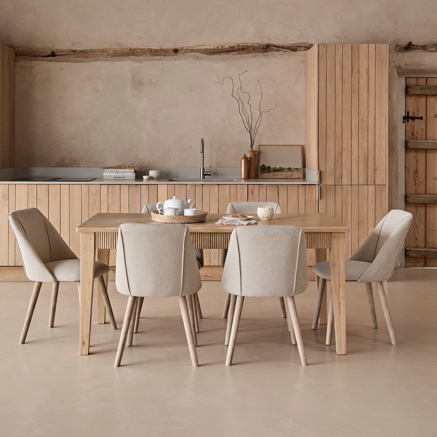Raleigh Whitewash Oak Rectangular Dining Table Set - 6 Seater - Freya Sand Dining Chairs - Whitewash Oak Legs - Laura James