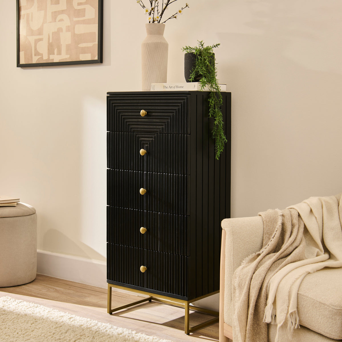 Rayna 5 Drawer Tallboy - Jet Black - Laura James