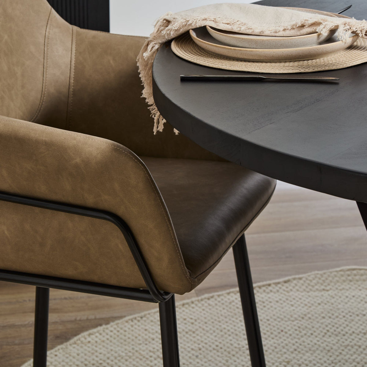 Levi Black Round Dining Table Set - 4 Seater - Reagan Brown Carver Chairs - Laura James