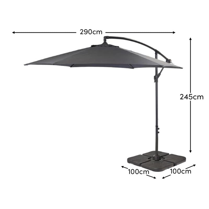 Round 2.9m Grey Lean-Over Parasol with 80kg Quartered Parasol Base - Laura James