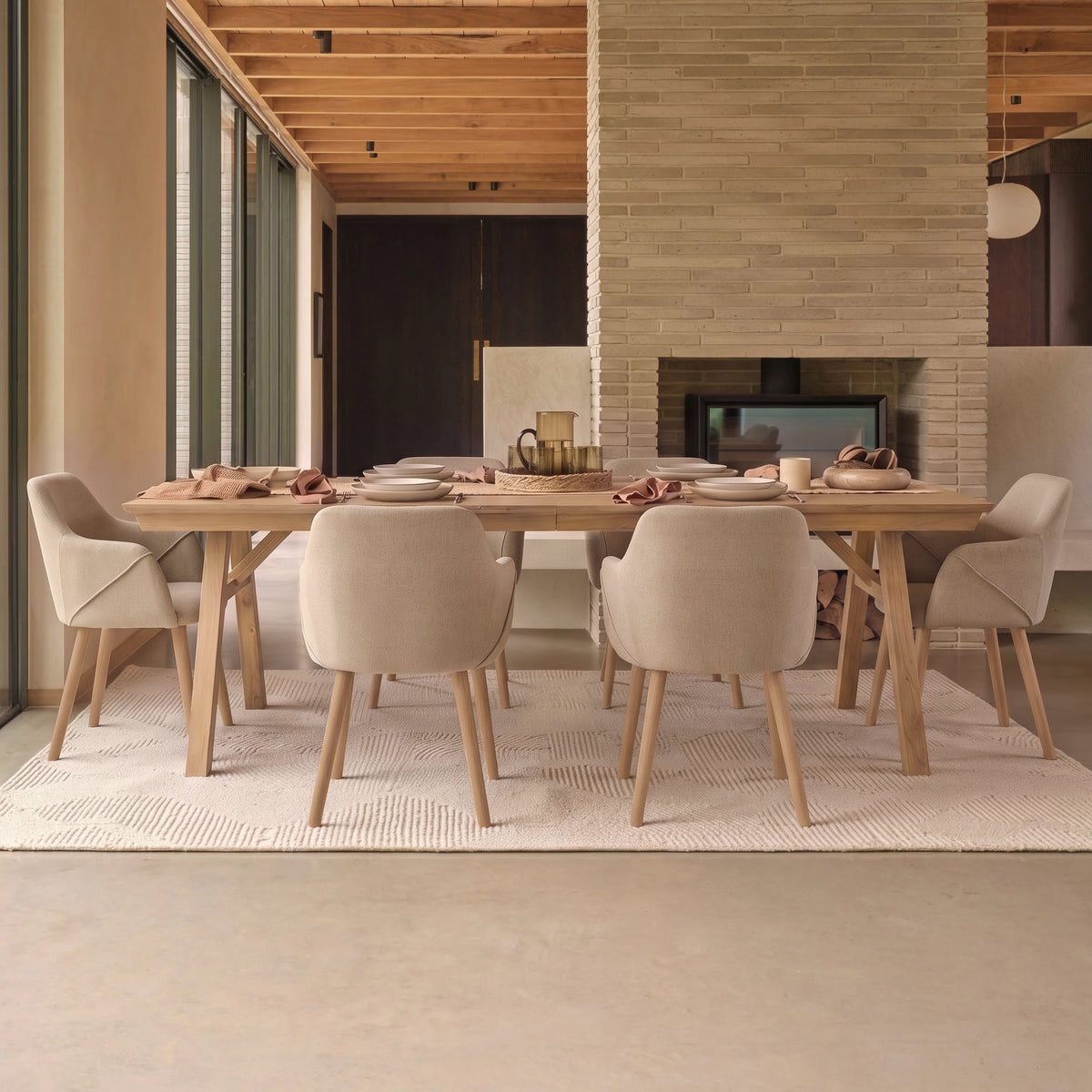 Sabina 160-240cm Pale Oak Extending Dining Table Set - 6 Seater - Freya Sand Dining Armchairs - Pale Oak Legs - Laura James