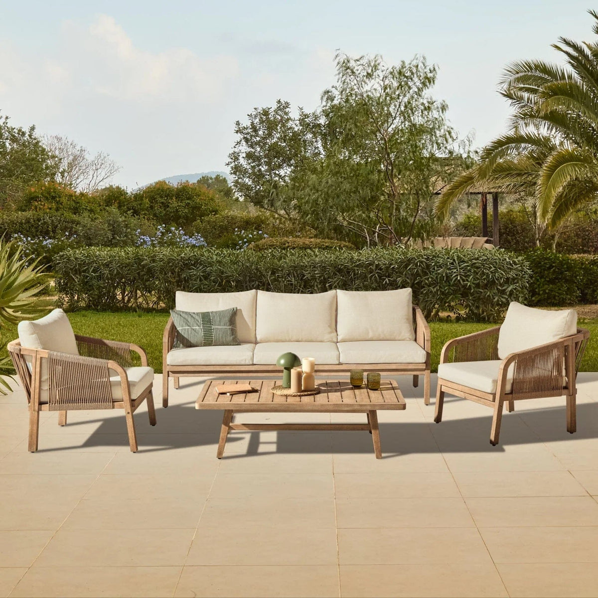 Shiro 3 Seater Whitewash Sofa Set with Shiro Occasional Armchairs and Rectangular Coffee Table - Laura James