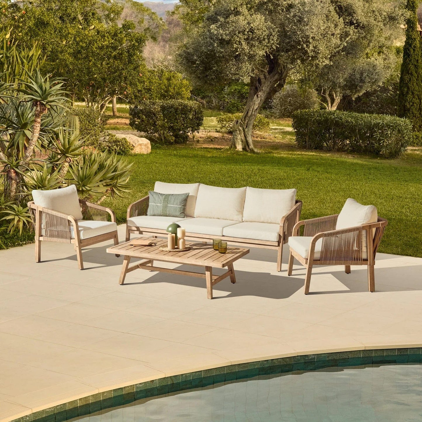 Shiro 3 Seater Whitewash Sofa Set with Shiro Occasional Armchairs and Rectangular Coffee Table - Laura James