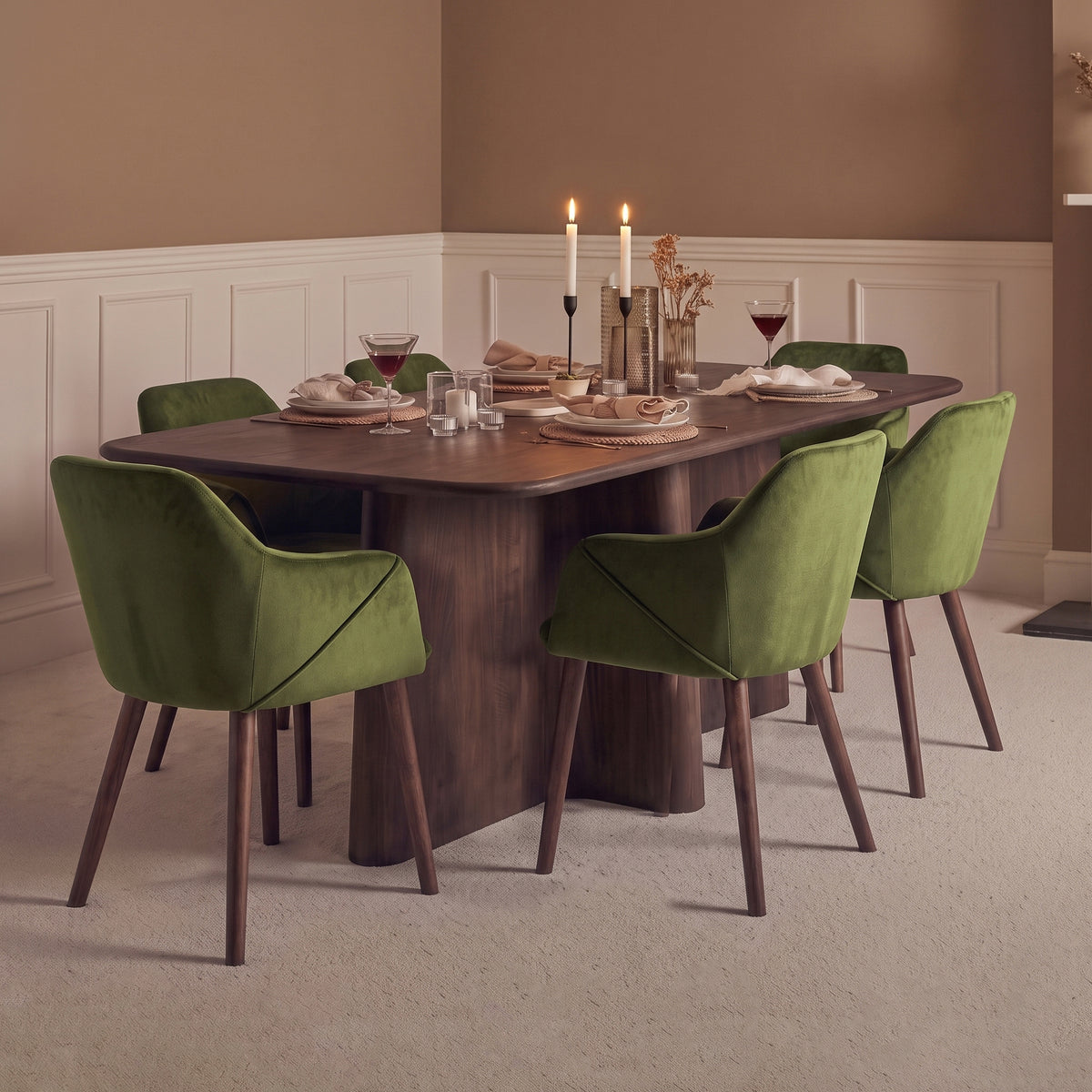 Bastian 220cm Coffee Brown Mango Wood Dining Table Set - 6 Seater - Freya Fern Green Dining Armchairs - Coffee Brown Mango Wood Legs