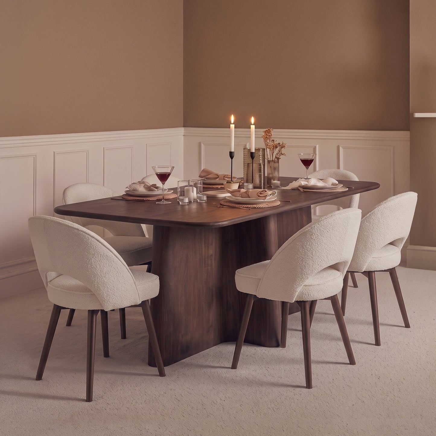 Bastian 220cm Coffee Brown Mango Wood Dining Table Set - 6 Seater - Marilyn Light Beige Boucle Dining Chairs - Coffee Brown Mango Wood Legs - Laura James
