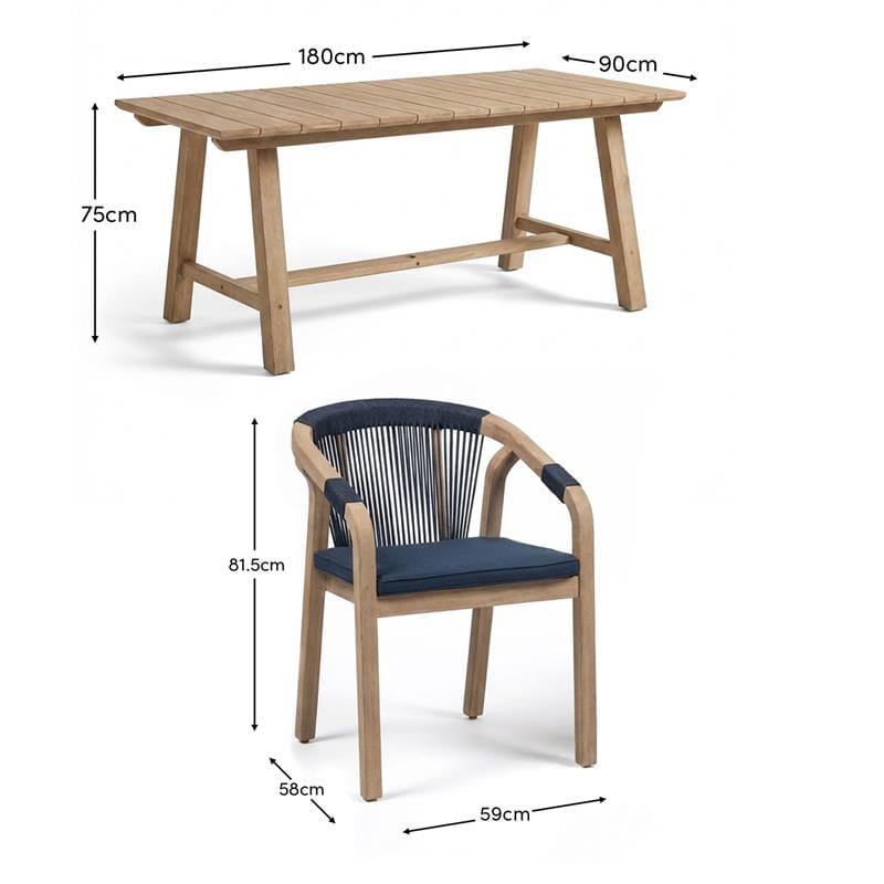 Shiro 6 Seater Wooden Garden Dining Set with Shiro Rope Dining Chairs - Navy Rope - Laura James
