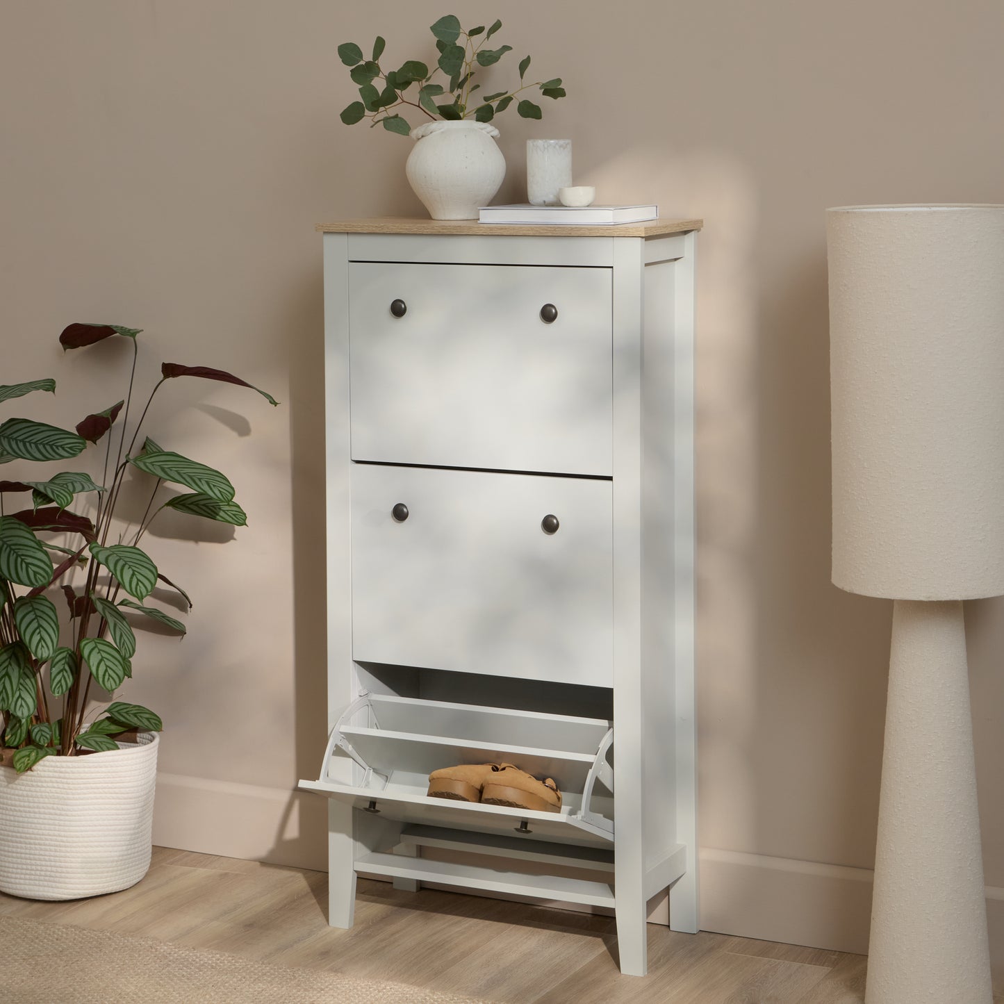 Sandhurst 60cm Three Door Shoe Cabinet - Snow White with Coastal Oak Top - Laura James