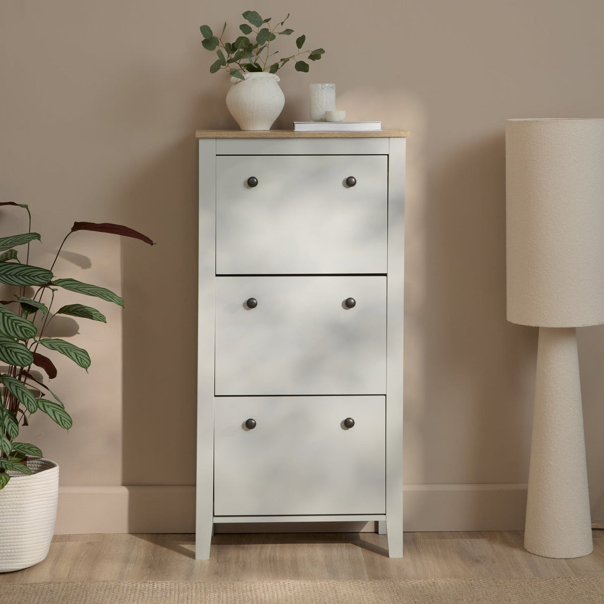 Sandhurst 60cm Three Door Shoe Cabinet - Snow White with Coastal Oak Top - Laura James