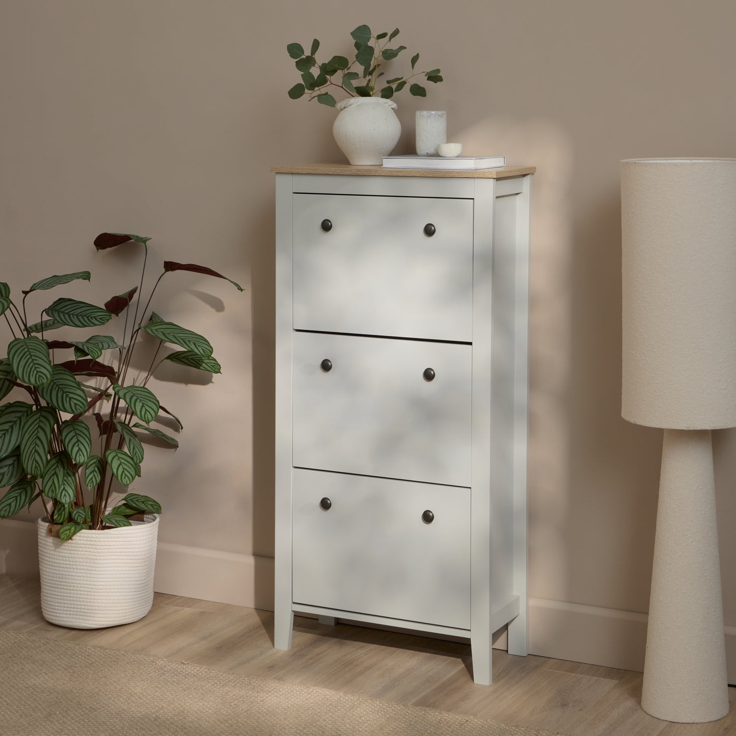 Sandhurst 60cm Three Door Shoe Cabinet - Snow White with Coastal Oak Top - Laura James