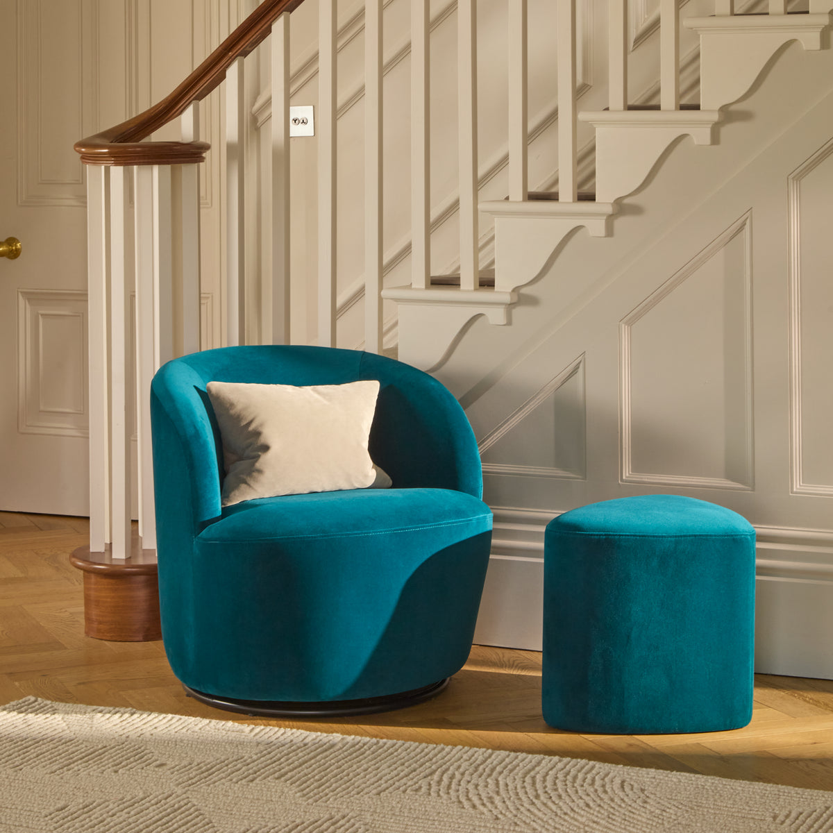 Sawyer 68cm Swivel Armchair & Alder 45cm Footstool - Deep Teal - Laura James