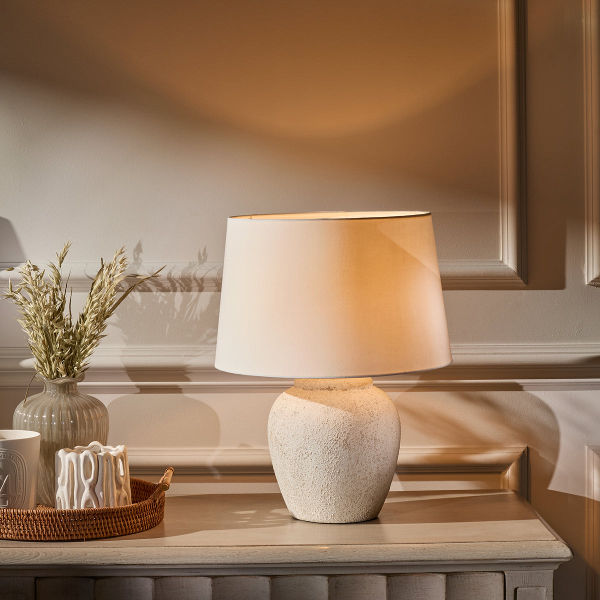 Selham 30cm Ceramic Lamp Base - Rustic White with Coningsby 35cm Cotton Lamp Shade - Snow White - Laura James