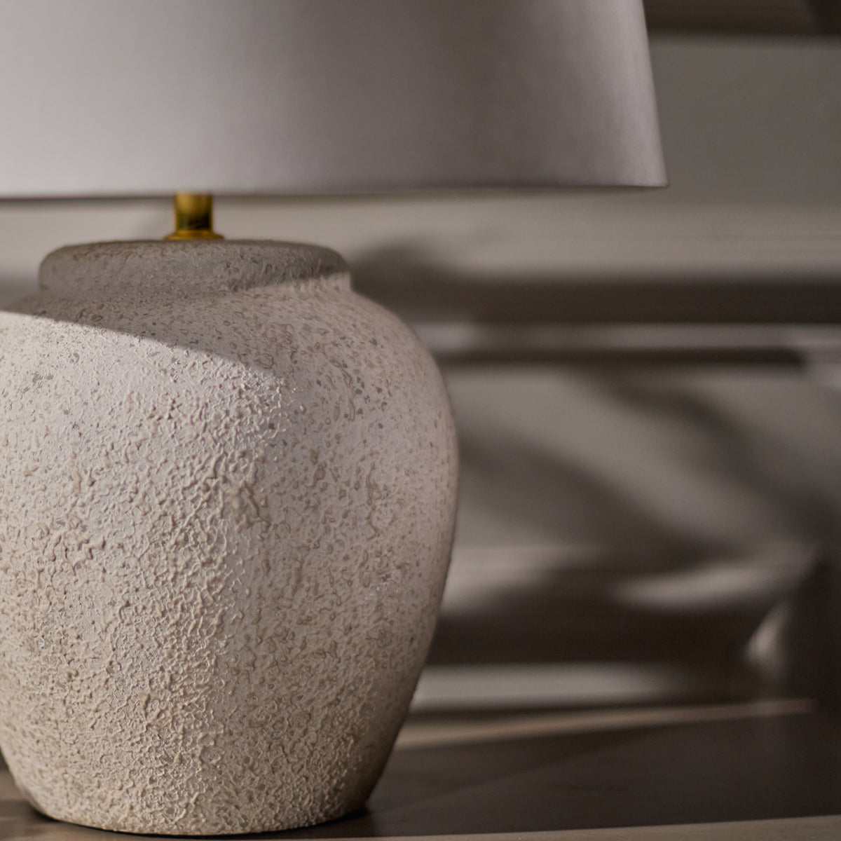 Selham 30cm Ceramic Lamp Base - Rustic White with Coningsby 35cm Cotton Lamp Shade - Snow White - Laura James