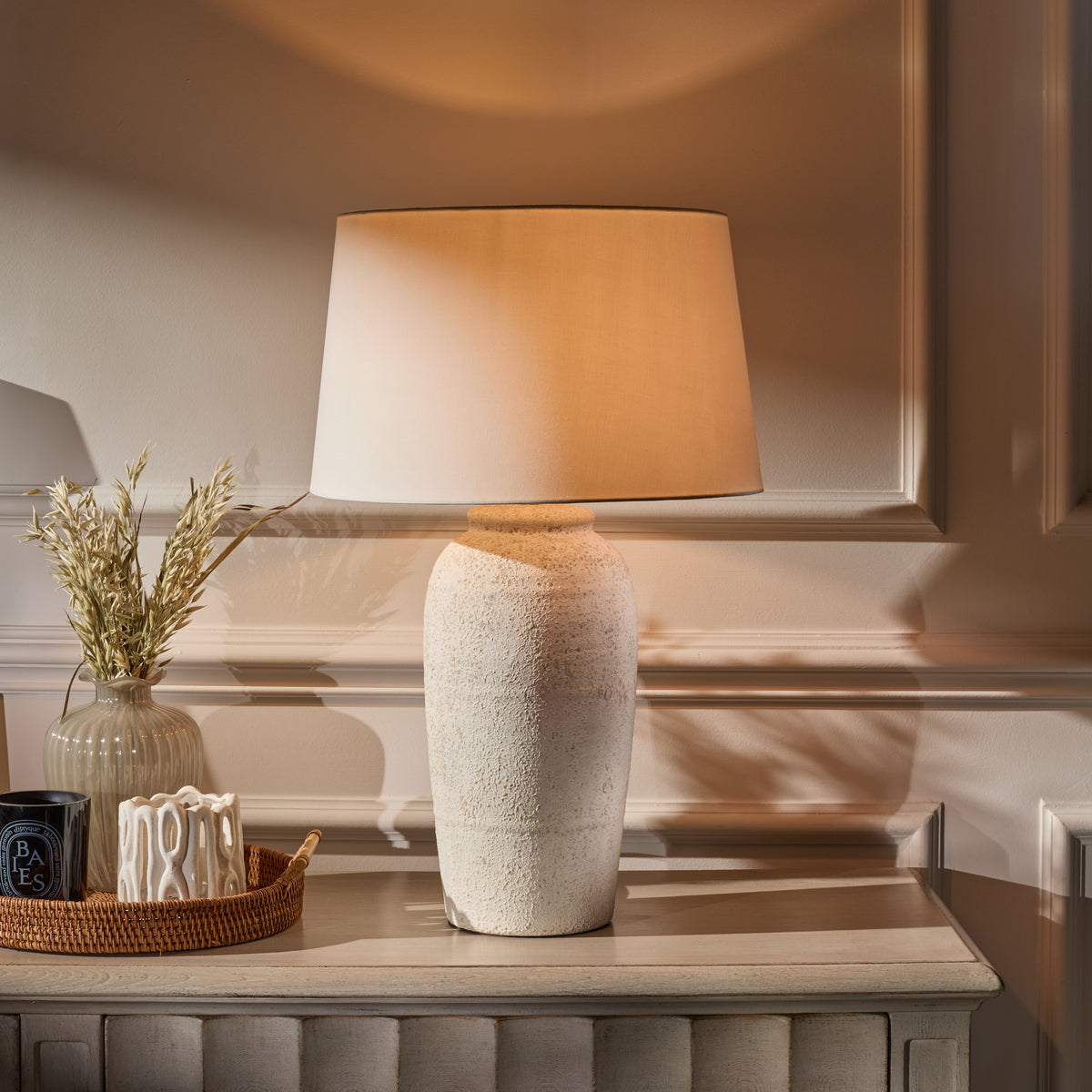 Selham 47cm Ceramic Lamp Base - Rustic White with Coningsby 40cm Cotton Lamp Shade - Snow White - Laura James