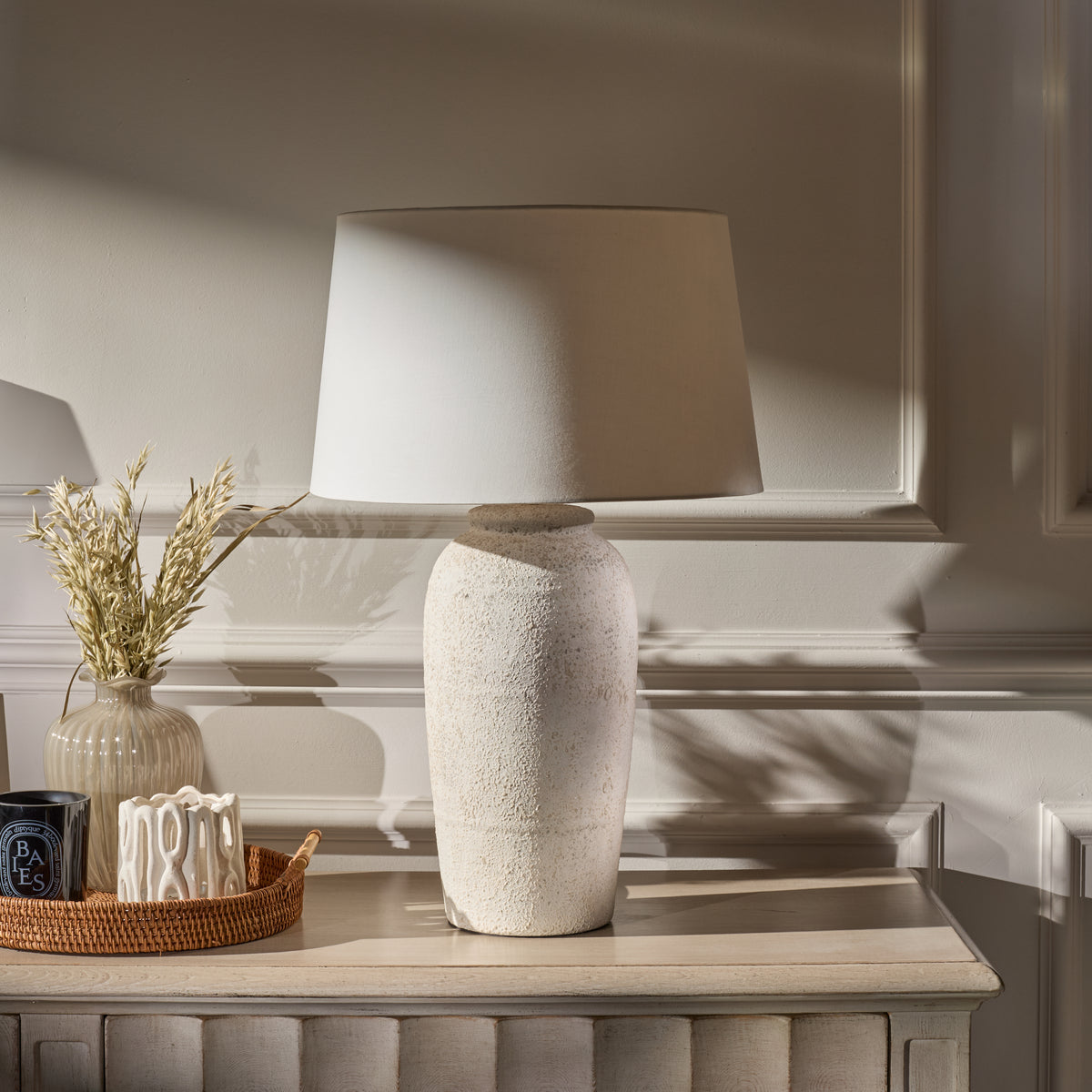 Selham 47cm Ceramic Lamp Base - Rustic White with Coningsby 40cm Cotton Lamp Shade - Snow White - Laura James