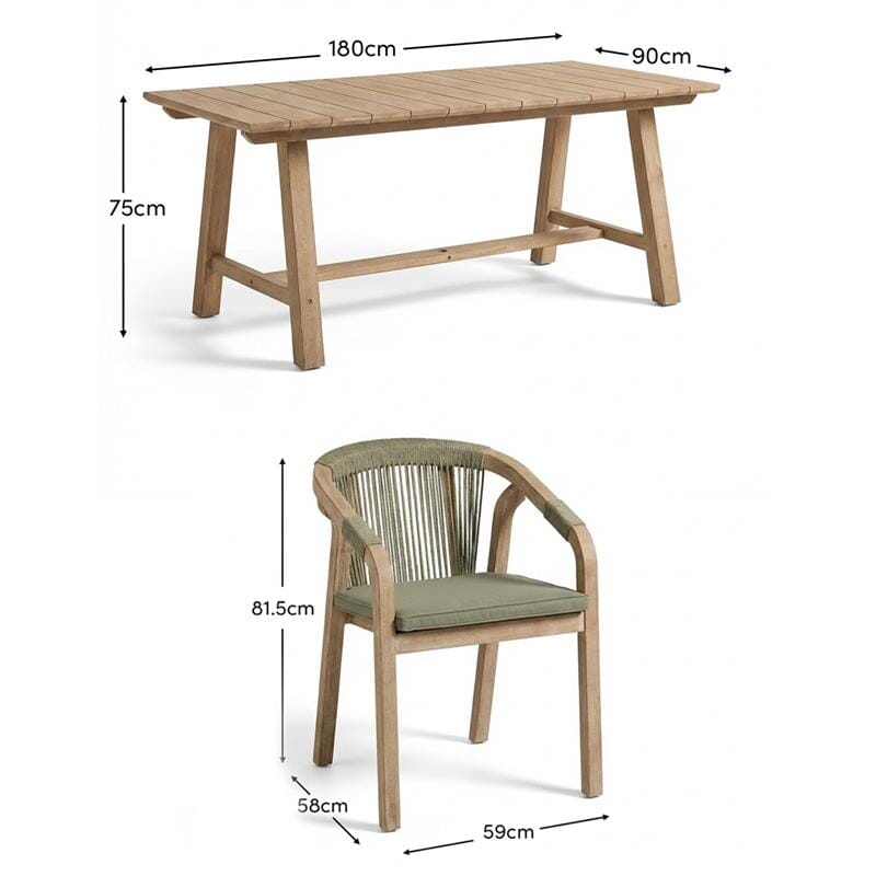 Shiro 6 Seater Wooden Garden Dining Set with Shiro Green Rope Dining Chairs - Laura James