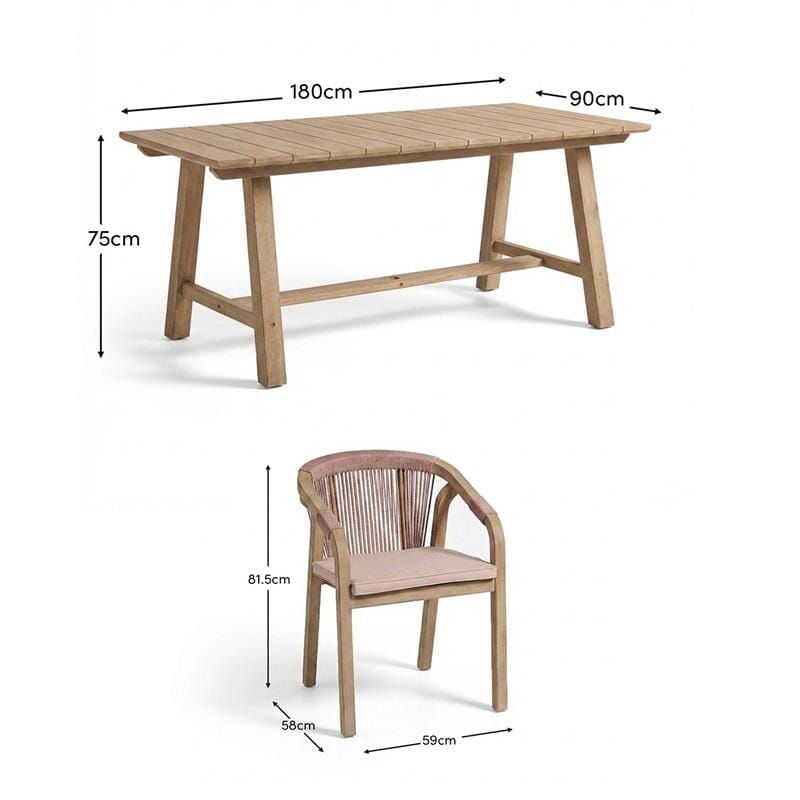 Shiro 6 Seater Wooden Garden Dining Set with Shiro Pink Rope Dining Chairs - 180cm - Laura James