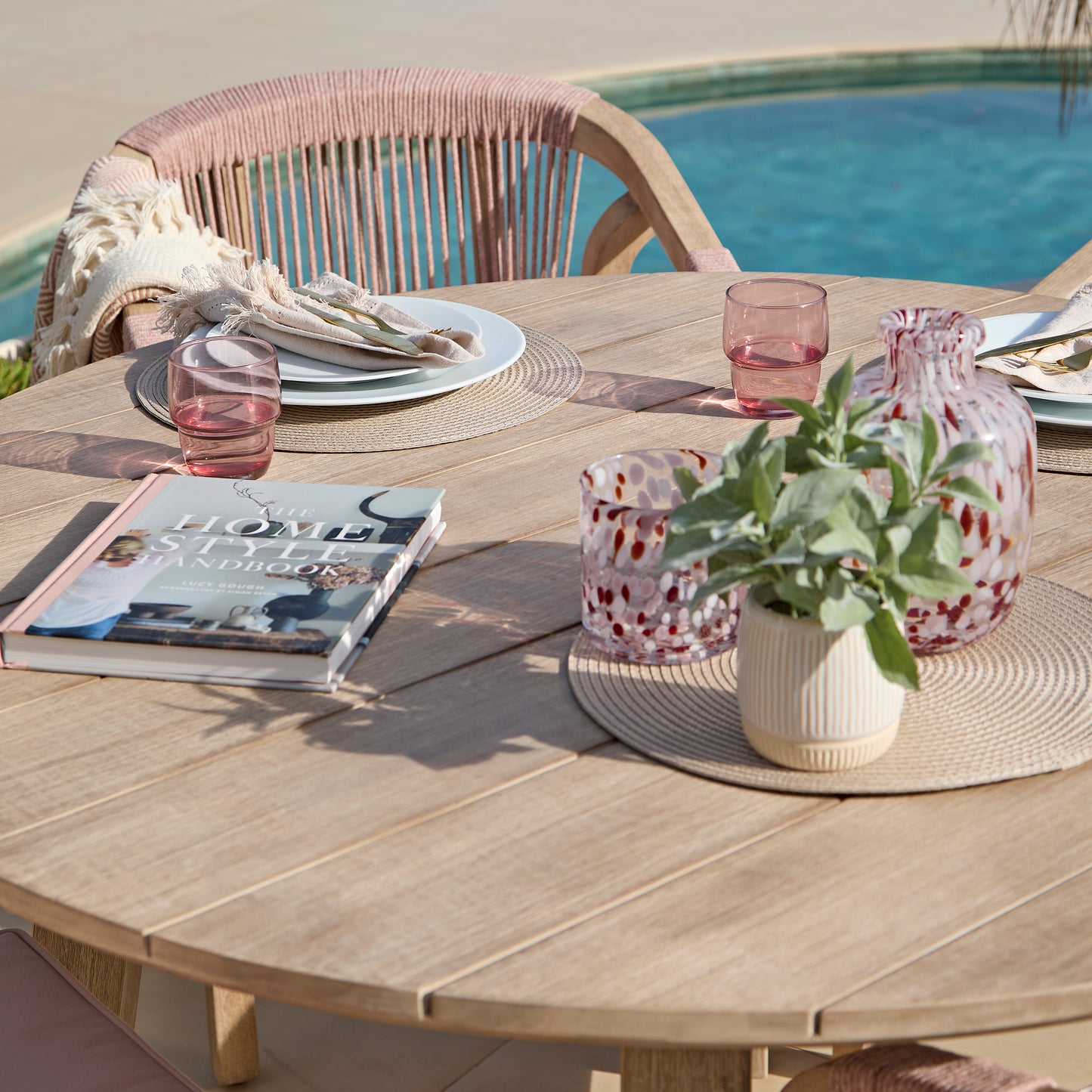 Shiro 4 Seater Round Wooden Garden Dining Set with Shiro Pink Rope Dining Chairs - 120cm - Laura James