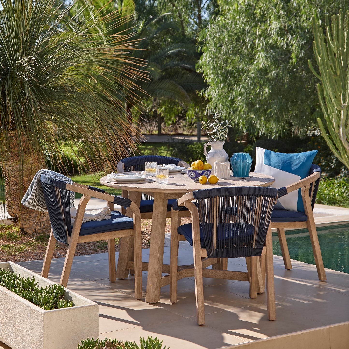 Shiro 4 Seater Round Wooden Garden Dining Set with Shiro Navy Rope Dining Chairs - 120cm - Laura James