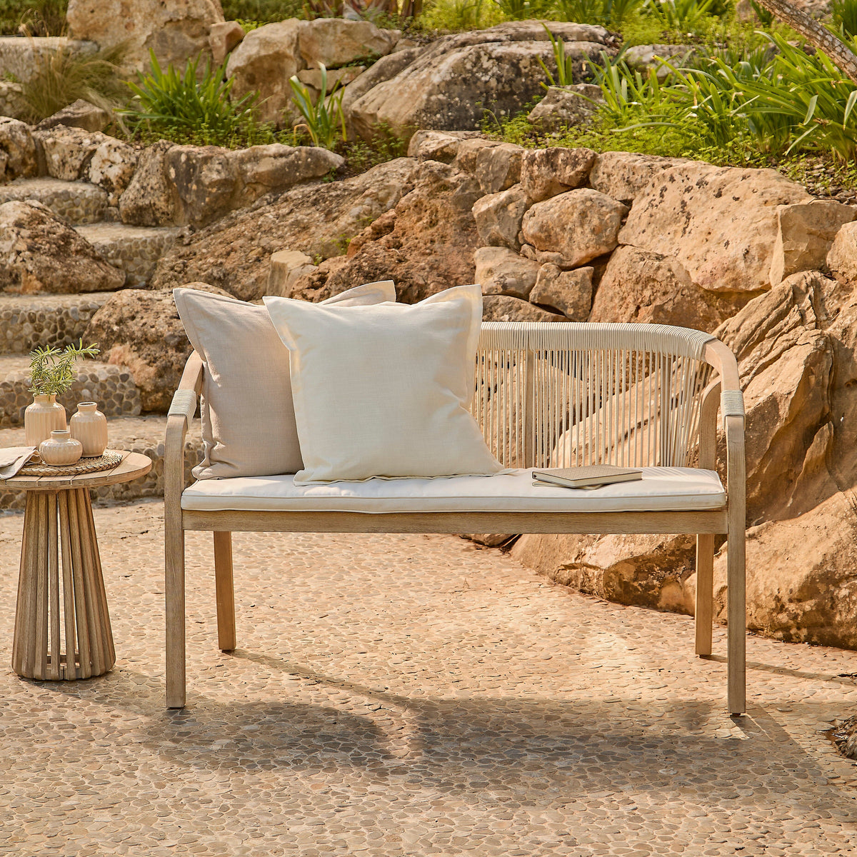 Shiro Wooden Garden Bench - Beige Rope - Laura James