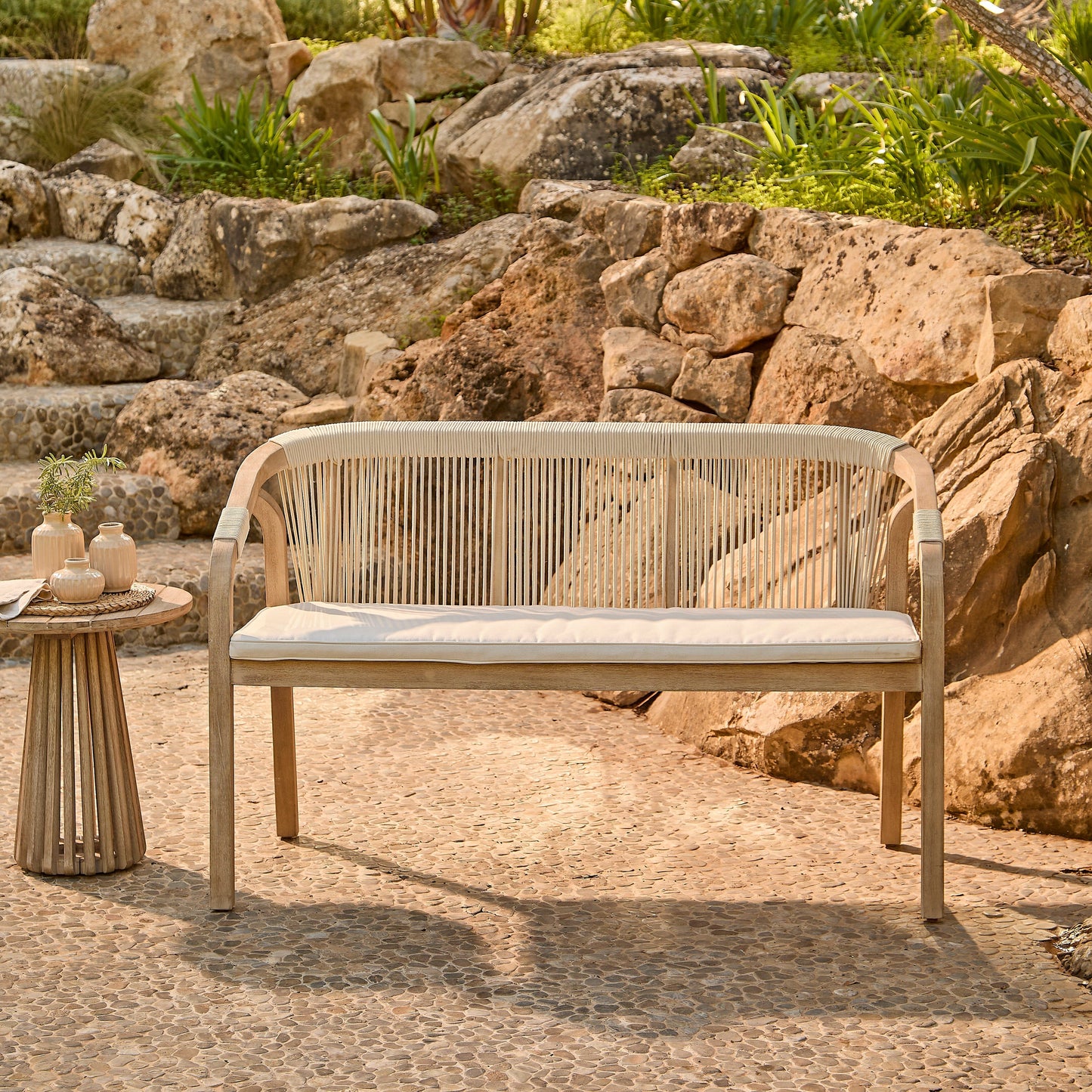 Shiro Wooden Garden Bench - Beige Rope - Laura James