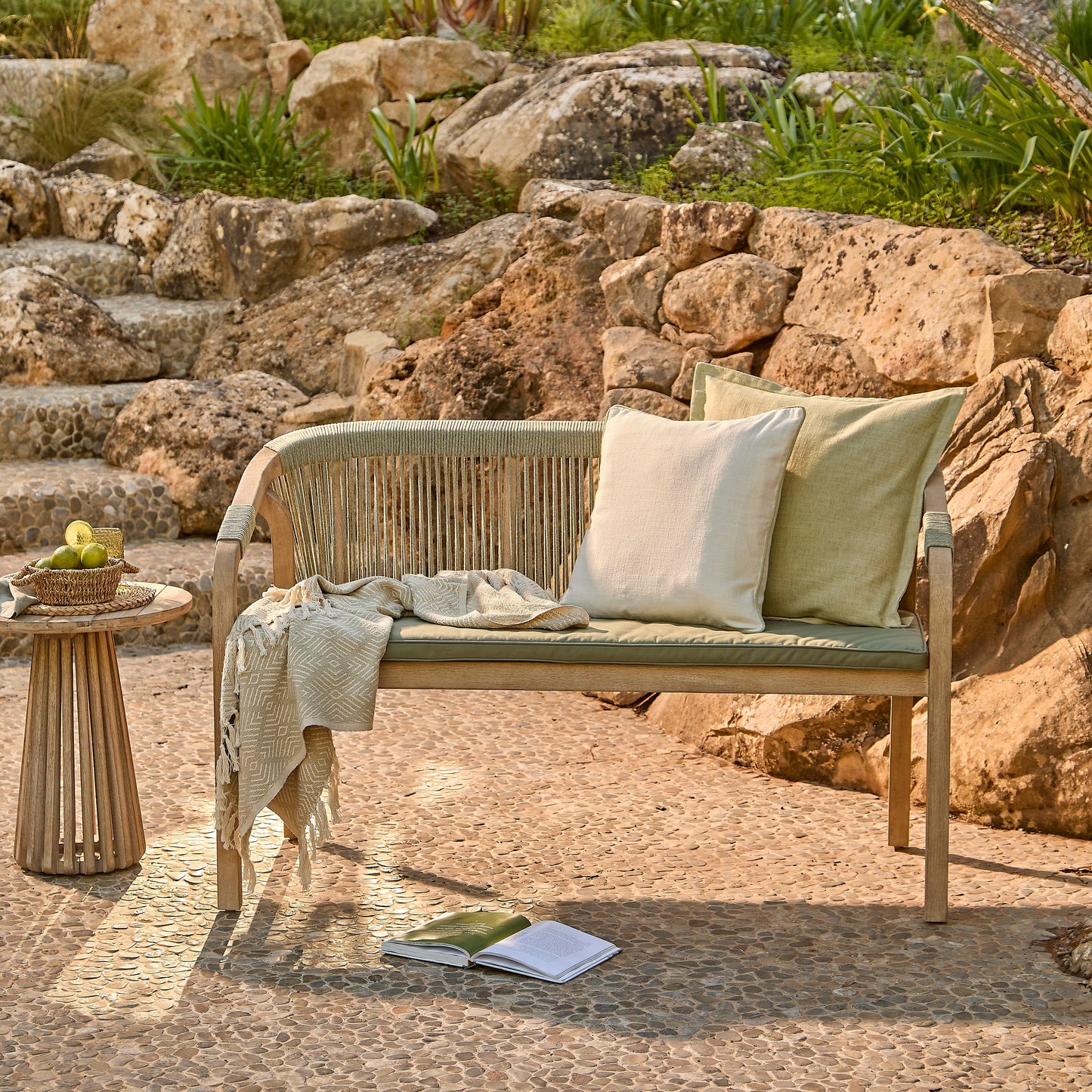 Shiro Wooden Garden Bench - Green Rope - Laura James