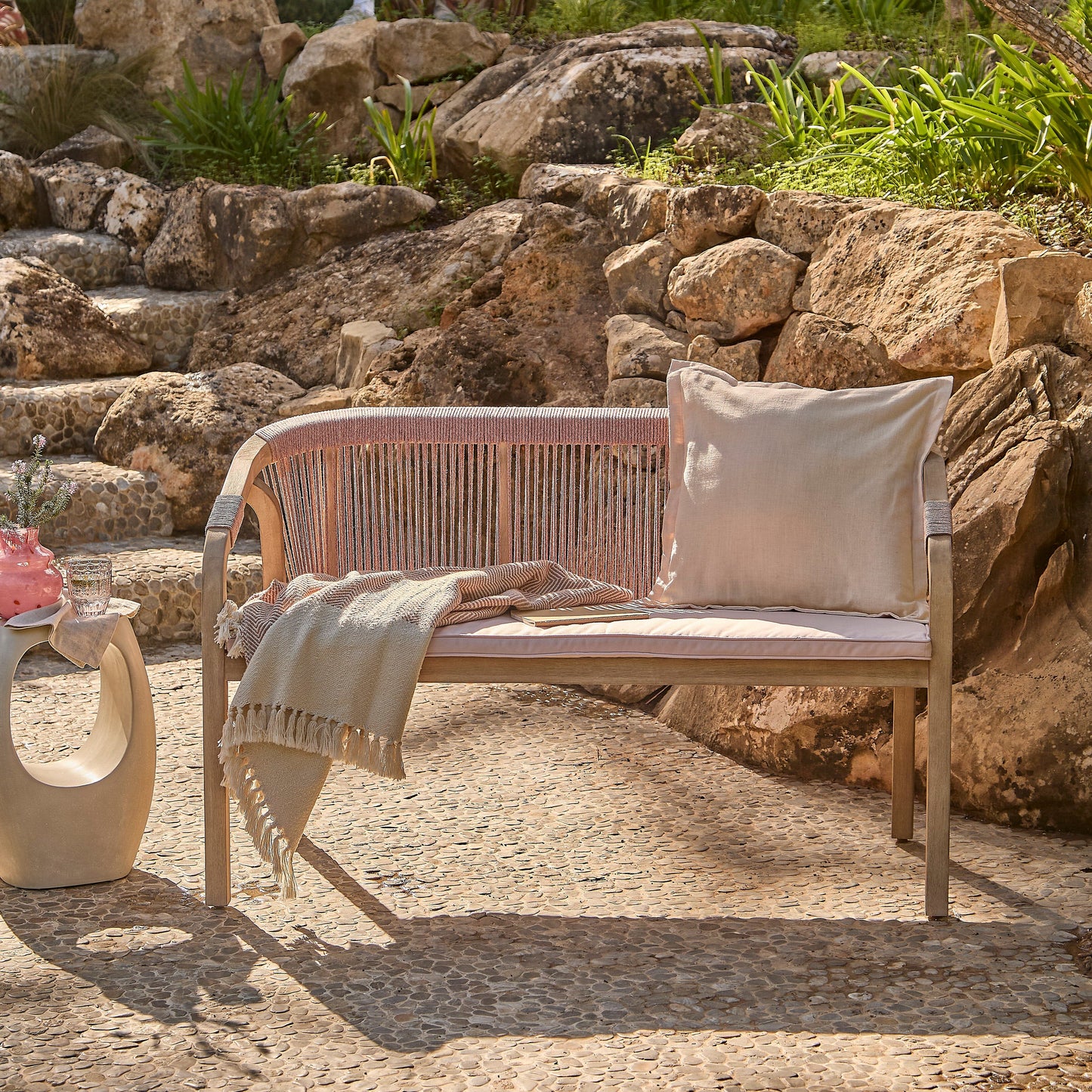 Shiro Wooden Garden Bench - Pink Rope - Laura James