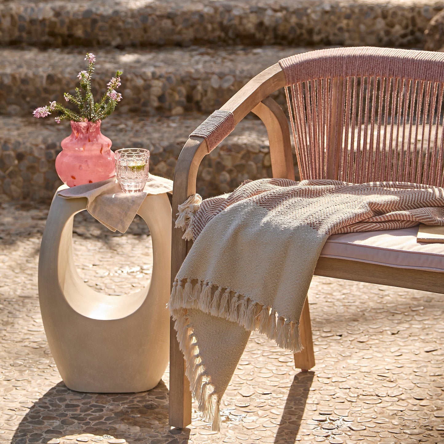 Shiro Wooden Garden Bench - Pink Rope - Laura James