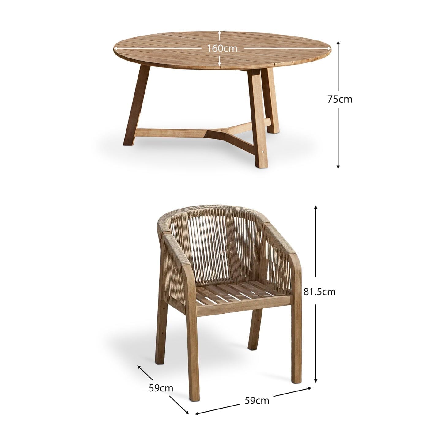 Shiro Wooden Round Dining Table Set with 6 x Nala Rope Dining Chairs - Sand