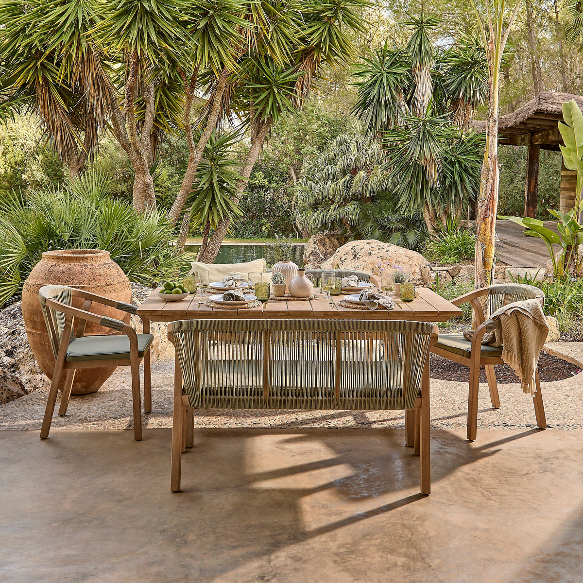 Shiro 6 Seater Wooden Garden Dining Set with 2 Shiro Benches & 2 Shiro Chairs - Green Rope - Laura James