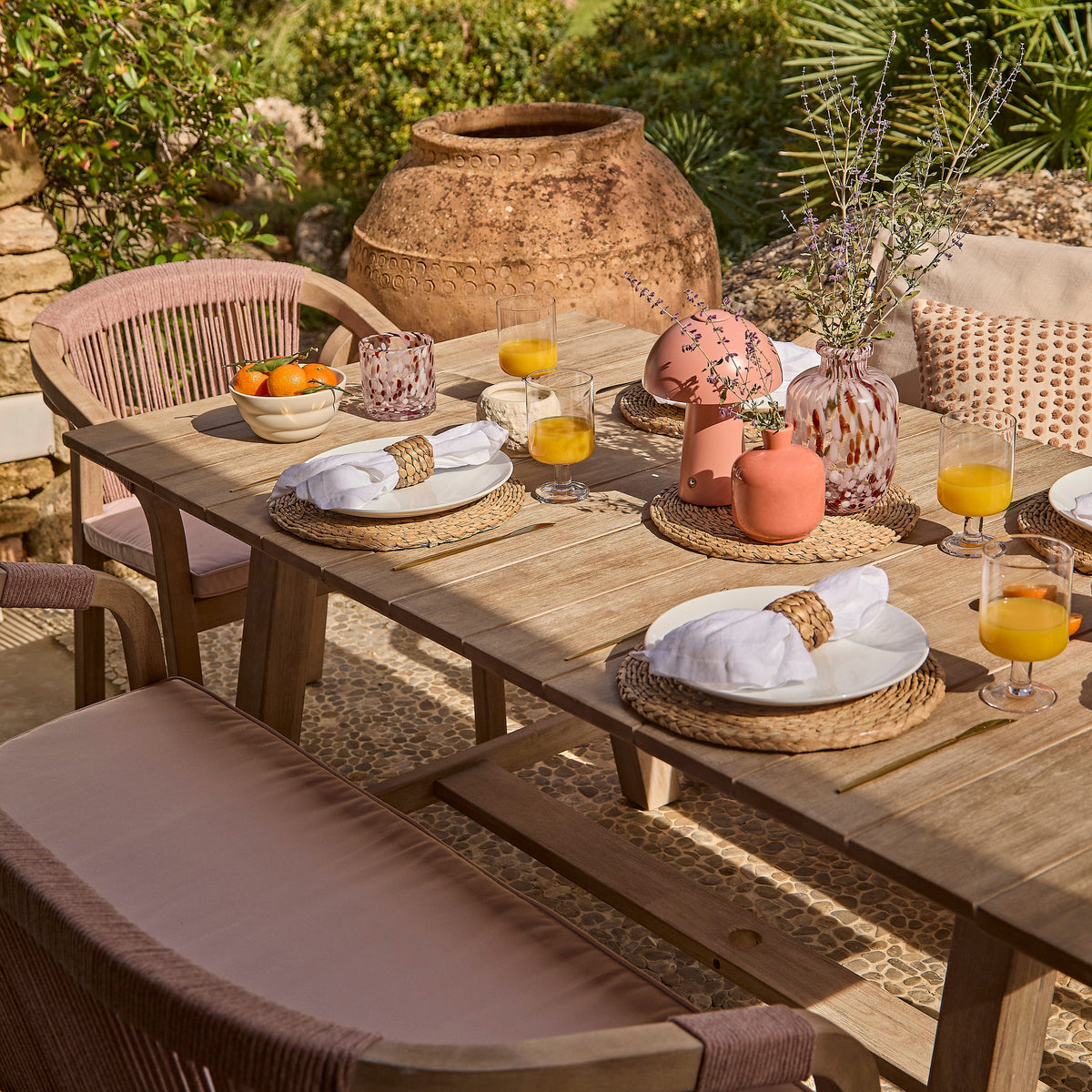 Shiro 6 Seater Wooden Garden Dining Set with 2 Shiro Benches & 2 Shiro Chairs - Pink Rope