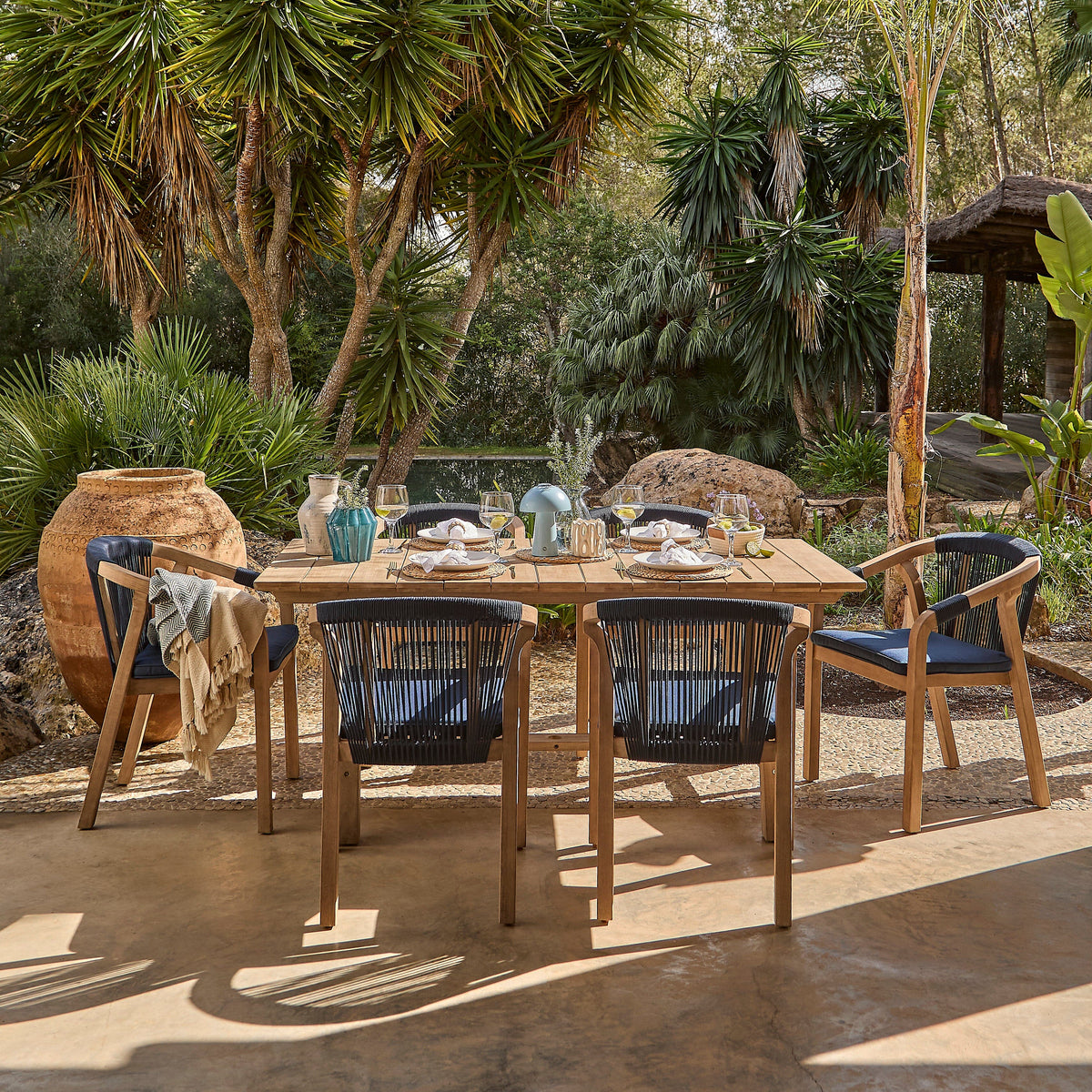 Shiro Navy Rope Wooden Garden Chairs - Set of 2 - Laura James