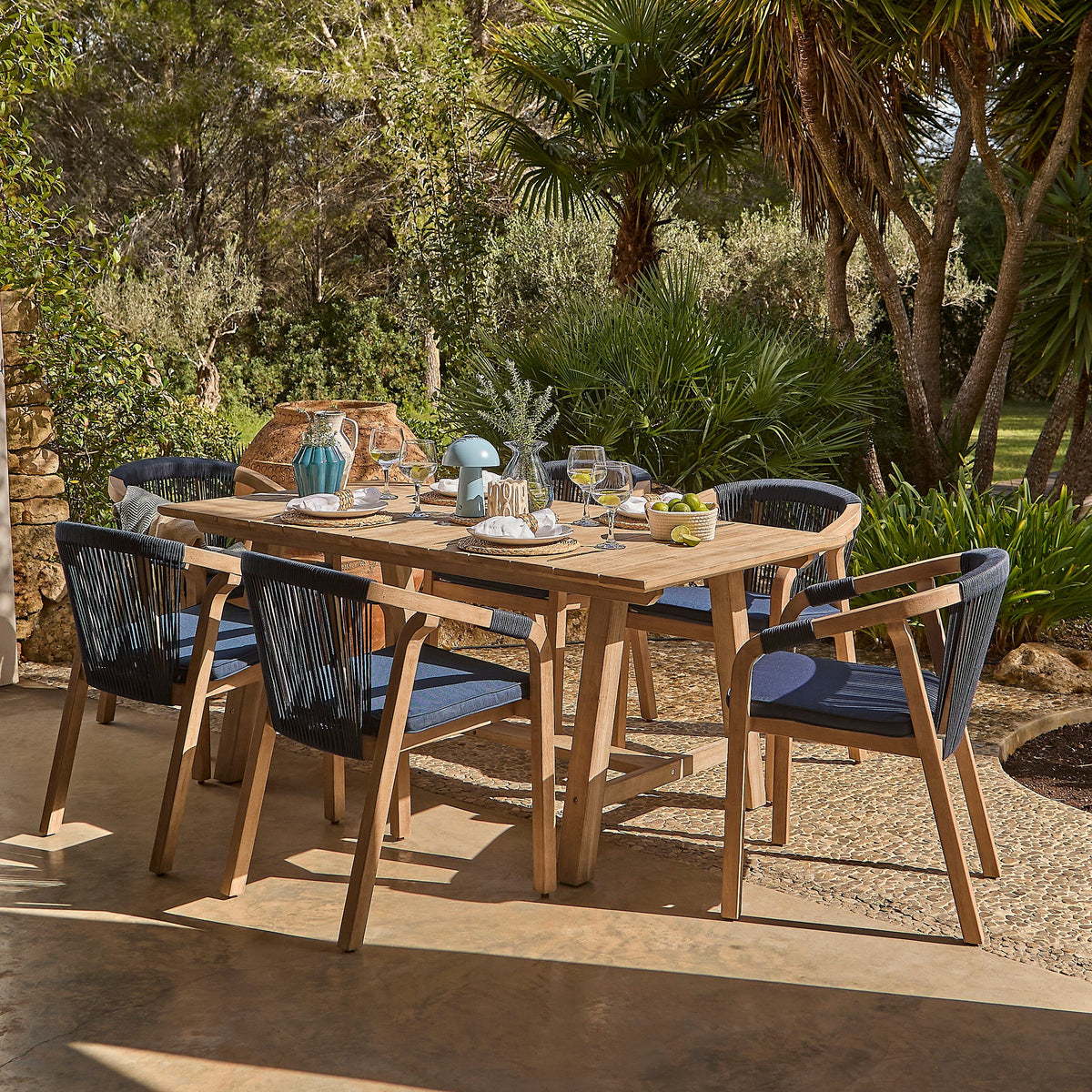 Shiro Navy Rope Wooden Garden Chairs - Set of 2 - Laura James