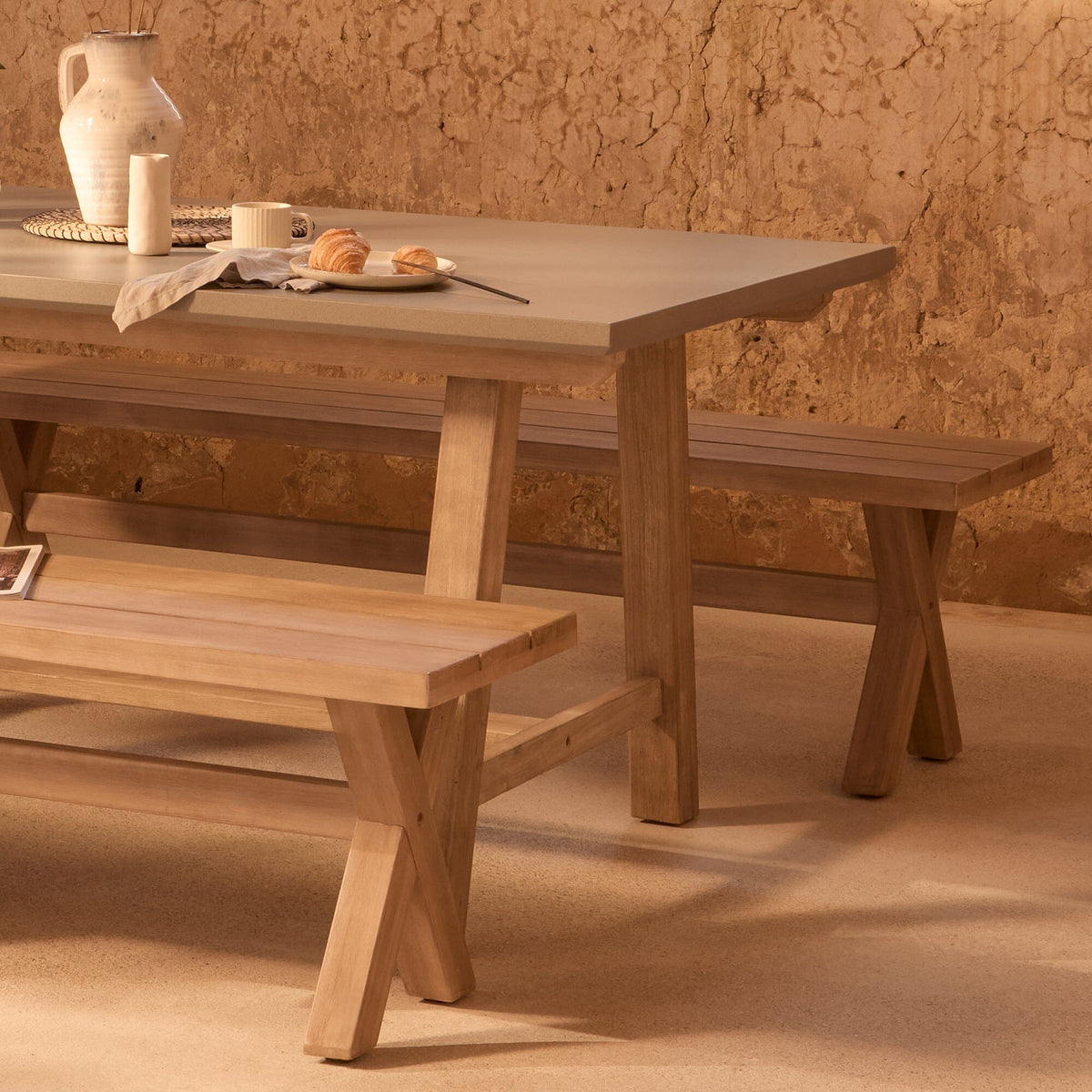 Shiro 6 Seater Pale Grey Garden Dining Set with 2 Charlotte Benches - Laura James
