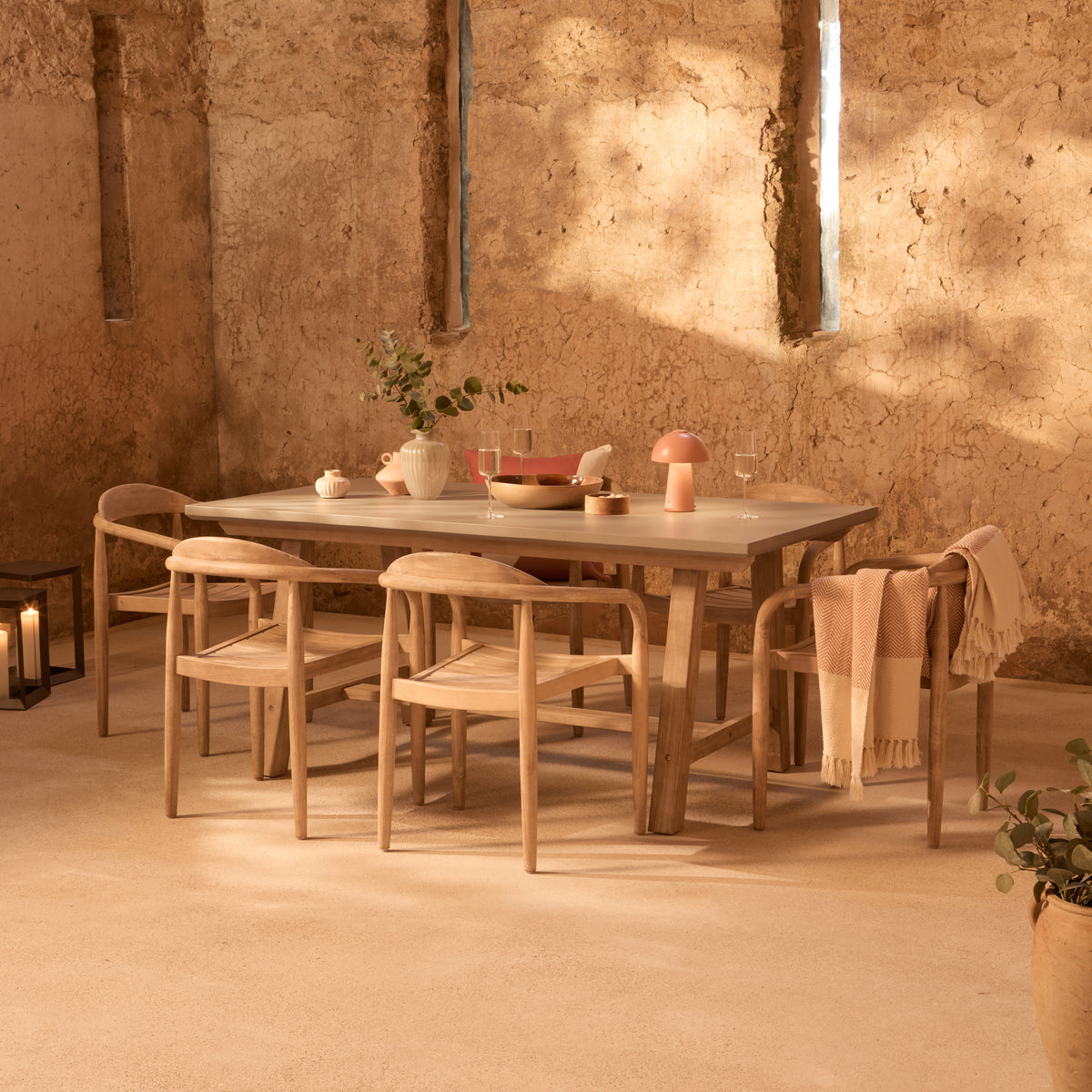 Shiro 180cm Pale Grey Concrete Dining Table Set - 6 Seater - Sasha Brushed Light Acacia Dining Chairs - Laura James