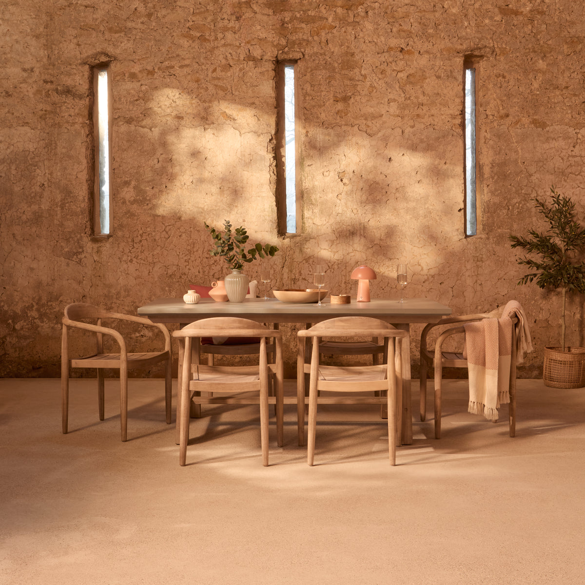 Shiro 180cm Pale Grey Concrete Dining Table Set - 6 Seater - Sasha Brushed Light Acacia Dining Chairs - Laura James
