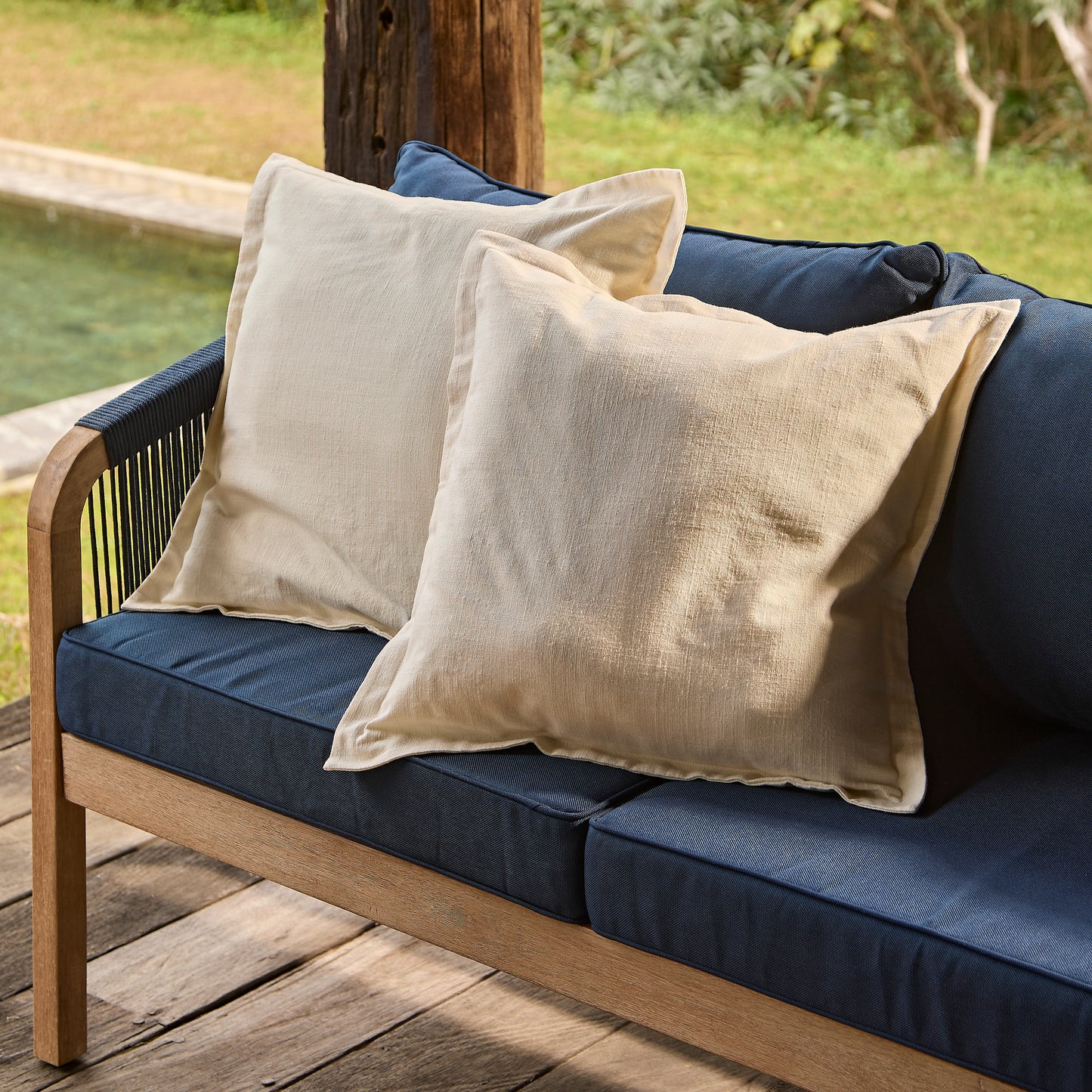 Shiro Corner Sofa with Navy Cushions with Akira Coffee Table Set - Laura James