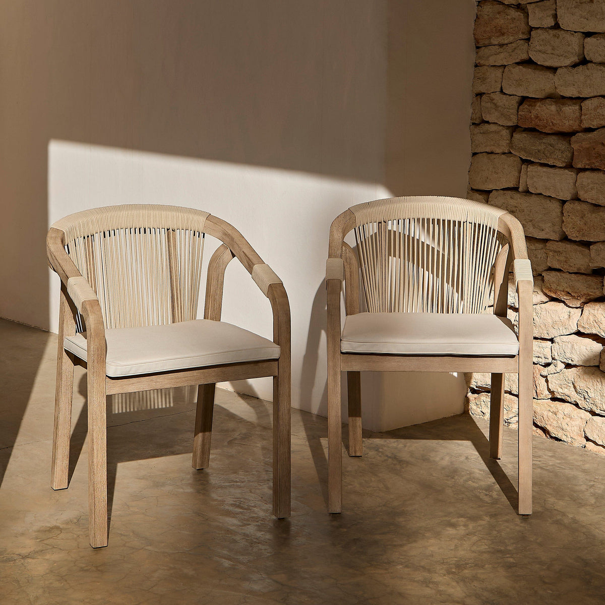 Shiro Brushed Light Acacia Garden Chairs - Set of 2 - Beige Rope - Laura James