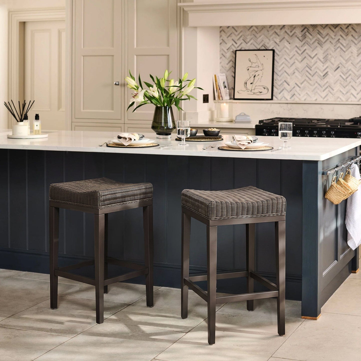 Reid Slate Grey Backless Bar Stools- Set of 2 - Mindi Wood Legs - Laura James