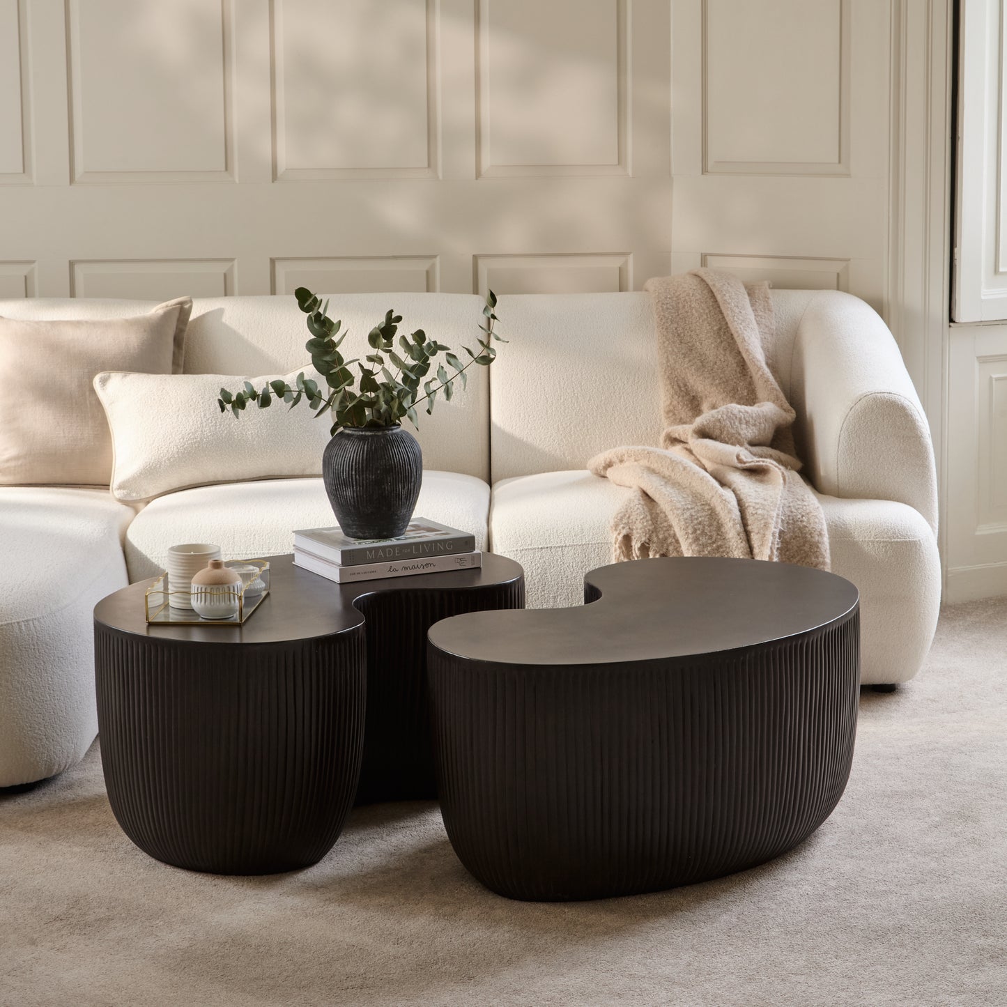 Sohan 84cm Kidney Concrete Coffee Table - Set of 2 - Lava Black - Laura James